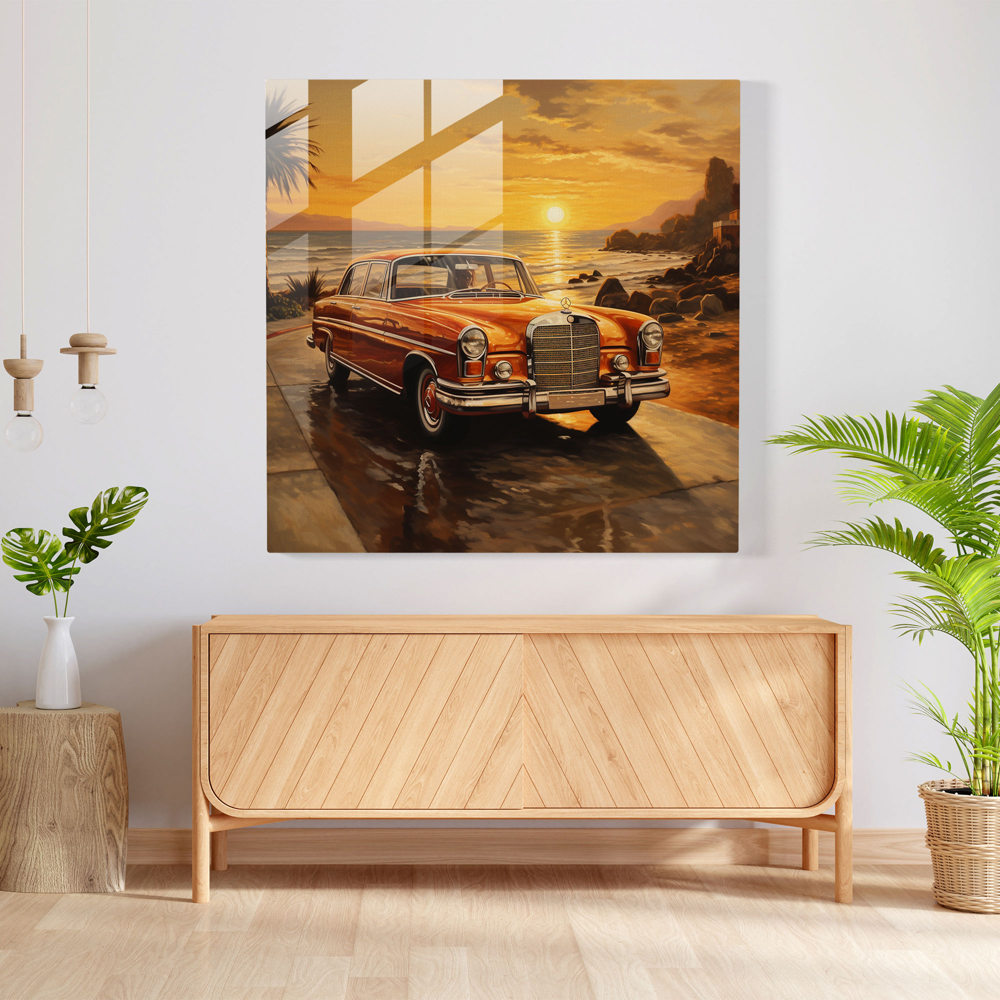 Golden Sunset Drive - Glass Wall Art - Mercedes, Glass Print, Golden, Modern Art