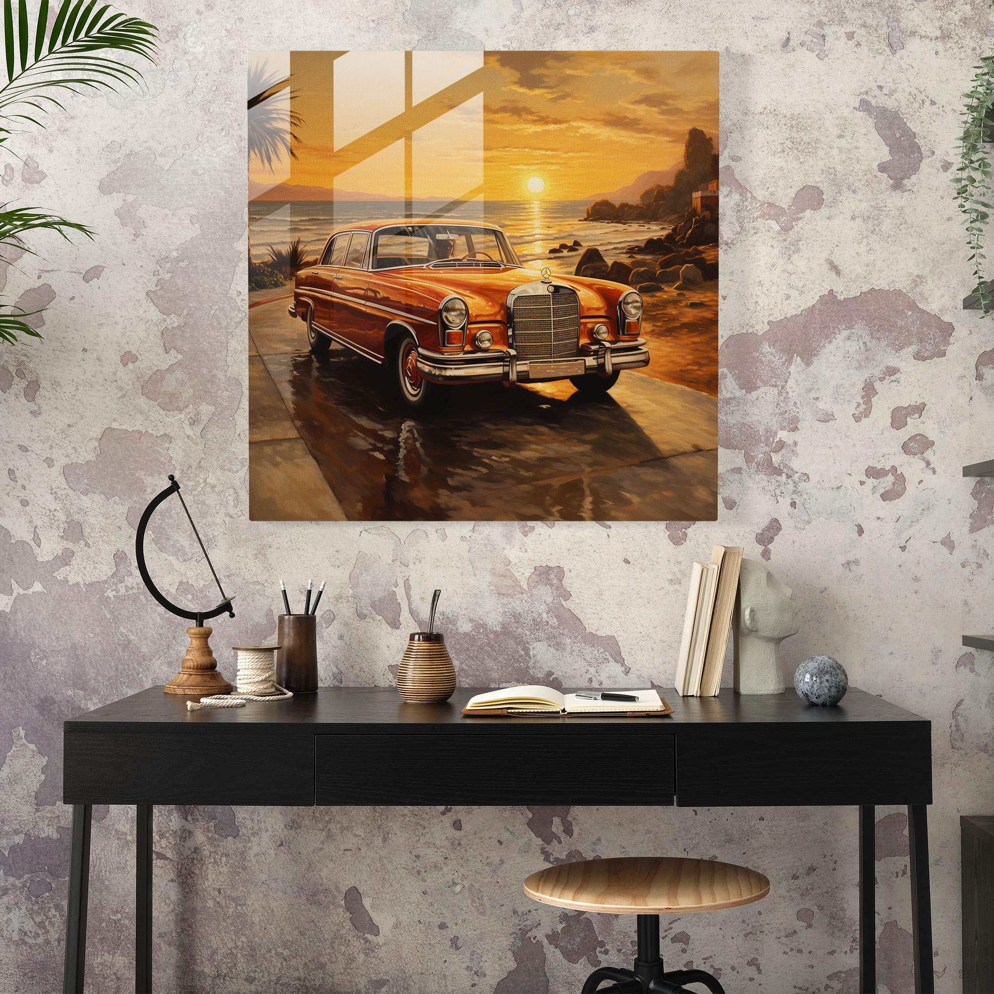 Golden Sunset Drive - Glass Wall Art - Mercedes, Glass Print, Golden, Modern Art