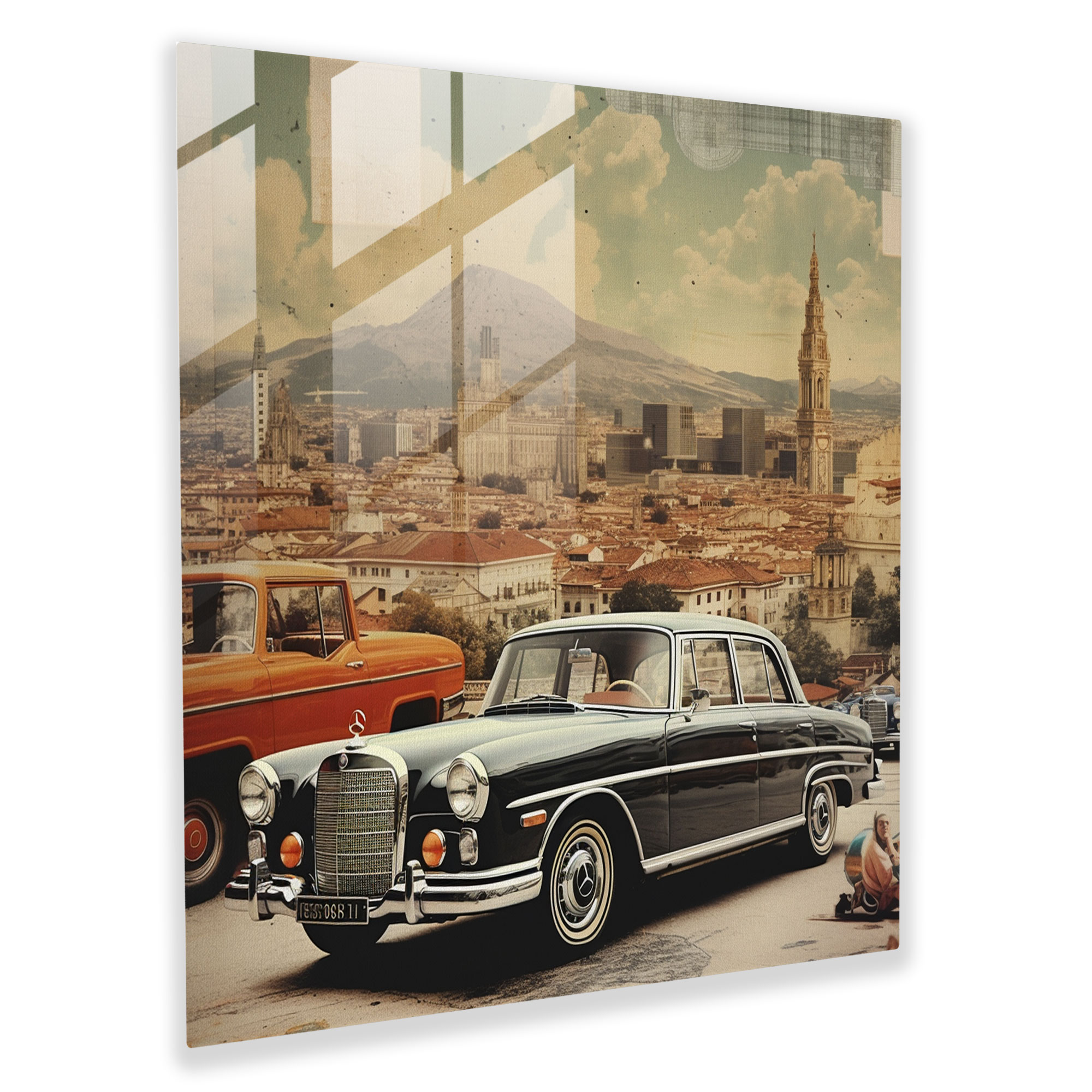 Vintage Ad Collage - Glass Wall Art - Mercedes, Wall Decoration, Glass Print, Mercedes