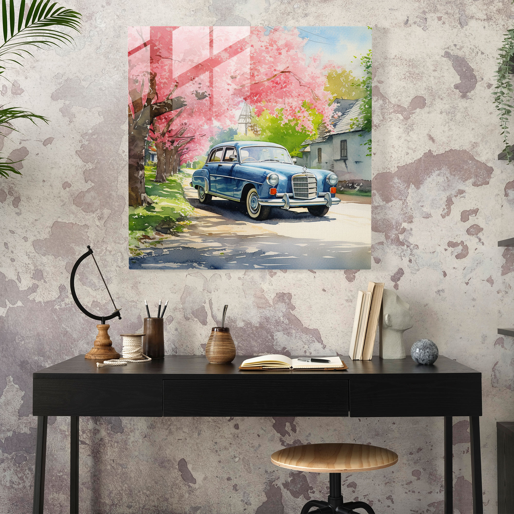 Cherry Blossom Drive - Glass Wall Art - Mercedes, Home Decoration, Cherry Blossom Tree, Watercolor Painting