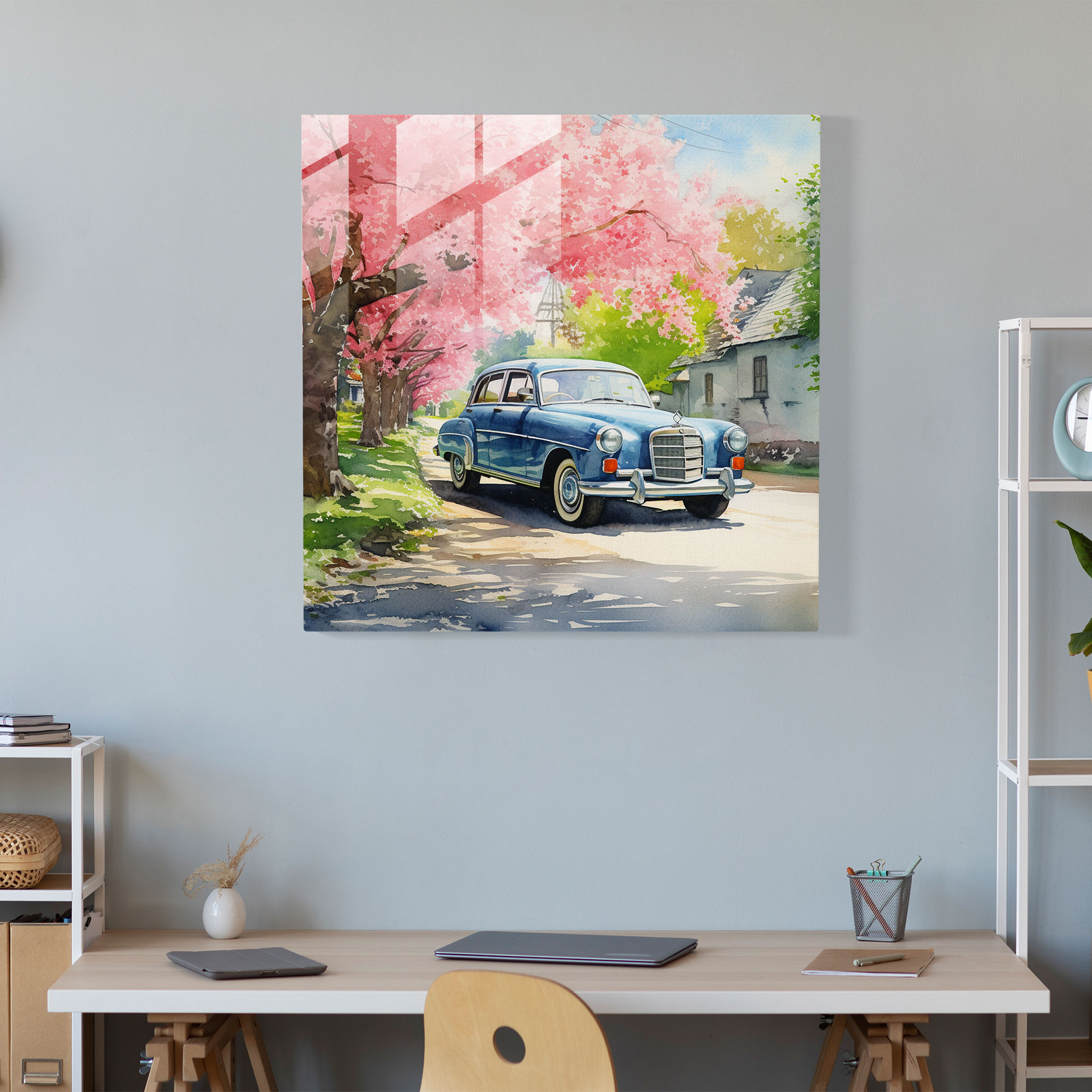Cherry Blossom Drive - Glass Wall Art - Mercedes, Home Decoration, Cherry Blossom Tree, Watercolor Painting