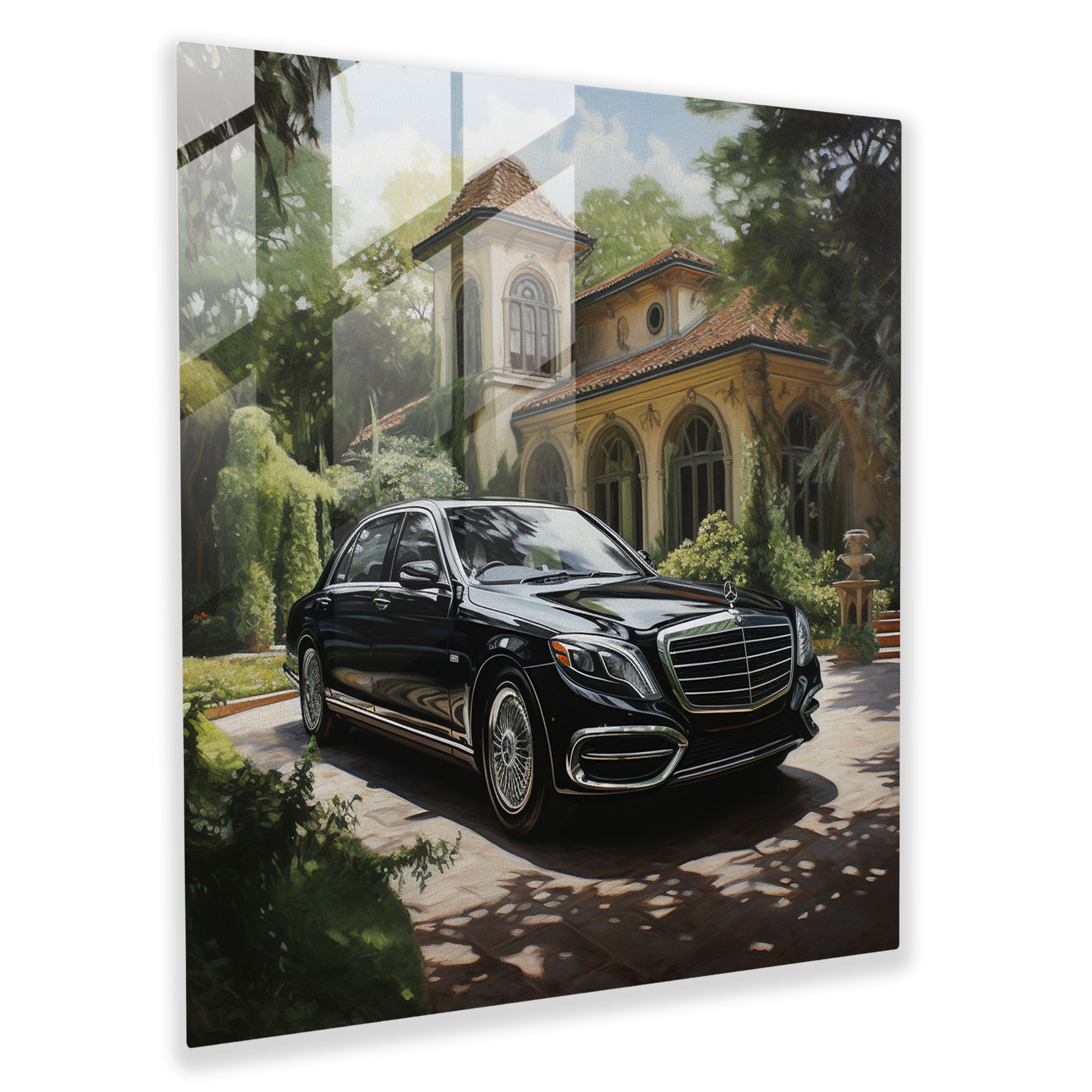 Glasbild Mercedes: Realistische Luxusvilla - Modern Art Wanddekoration Luxusvilla