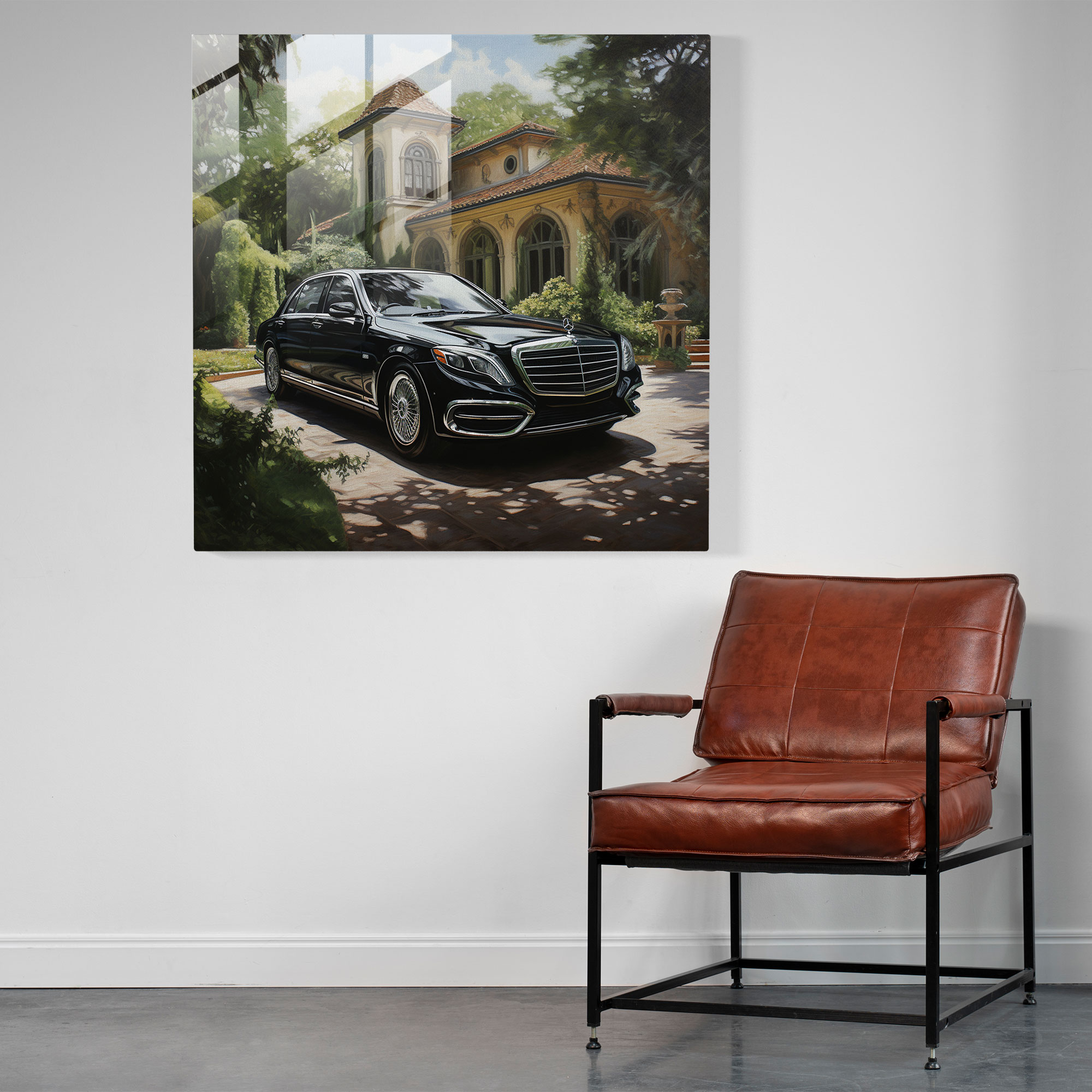 Glasbild Mercedes: Realistische Luxusvilla - Modern Art Wanddekoration Luxusvilla