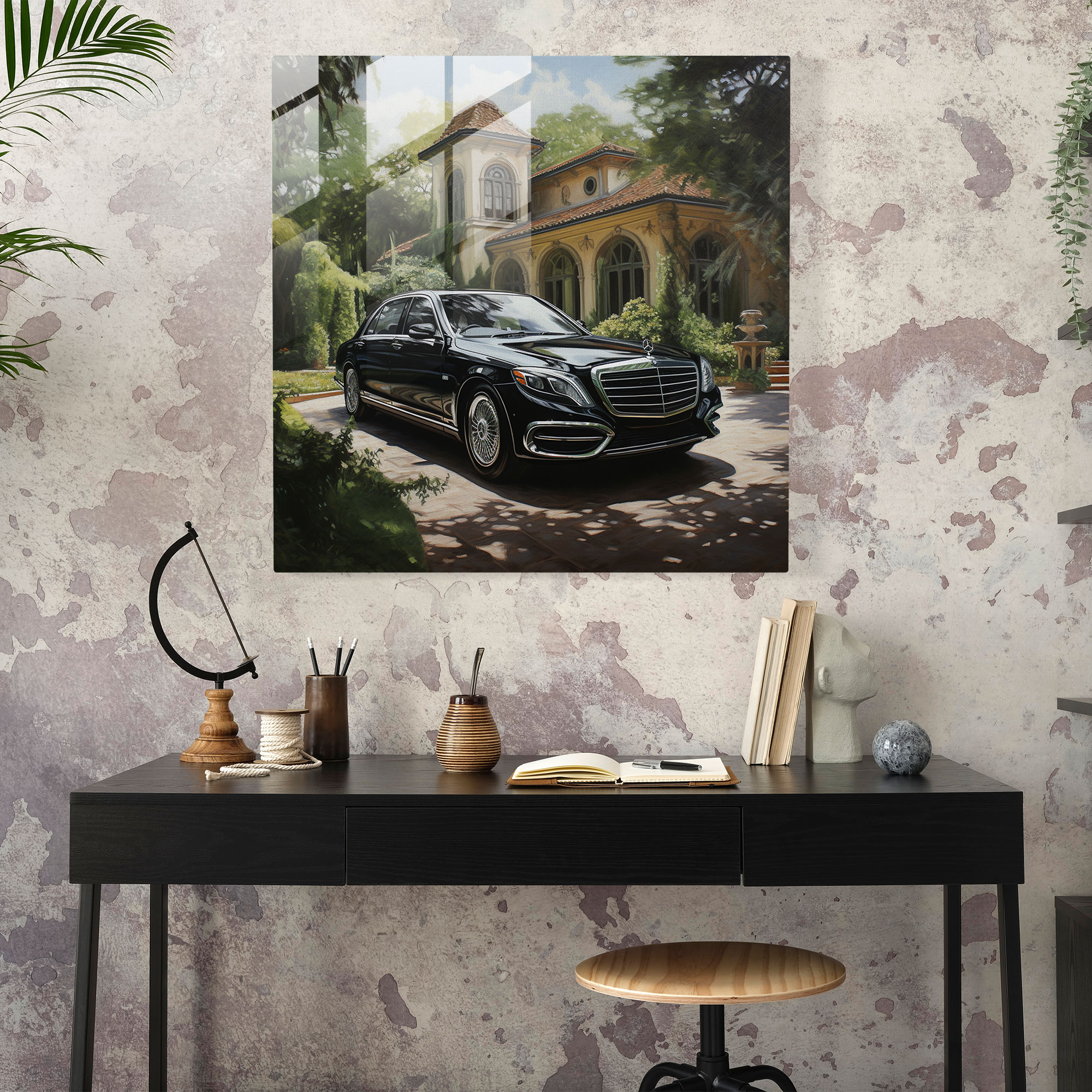 Glasbild Mercedes: Realistische Luxusvilla - Modern Art Wanddekoration Luxusvilla