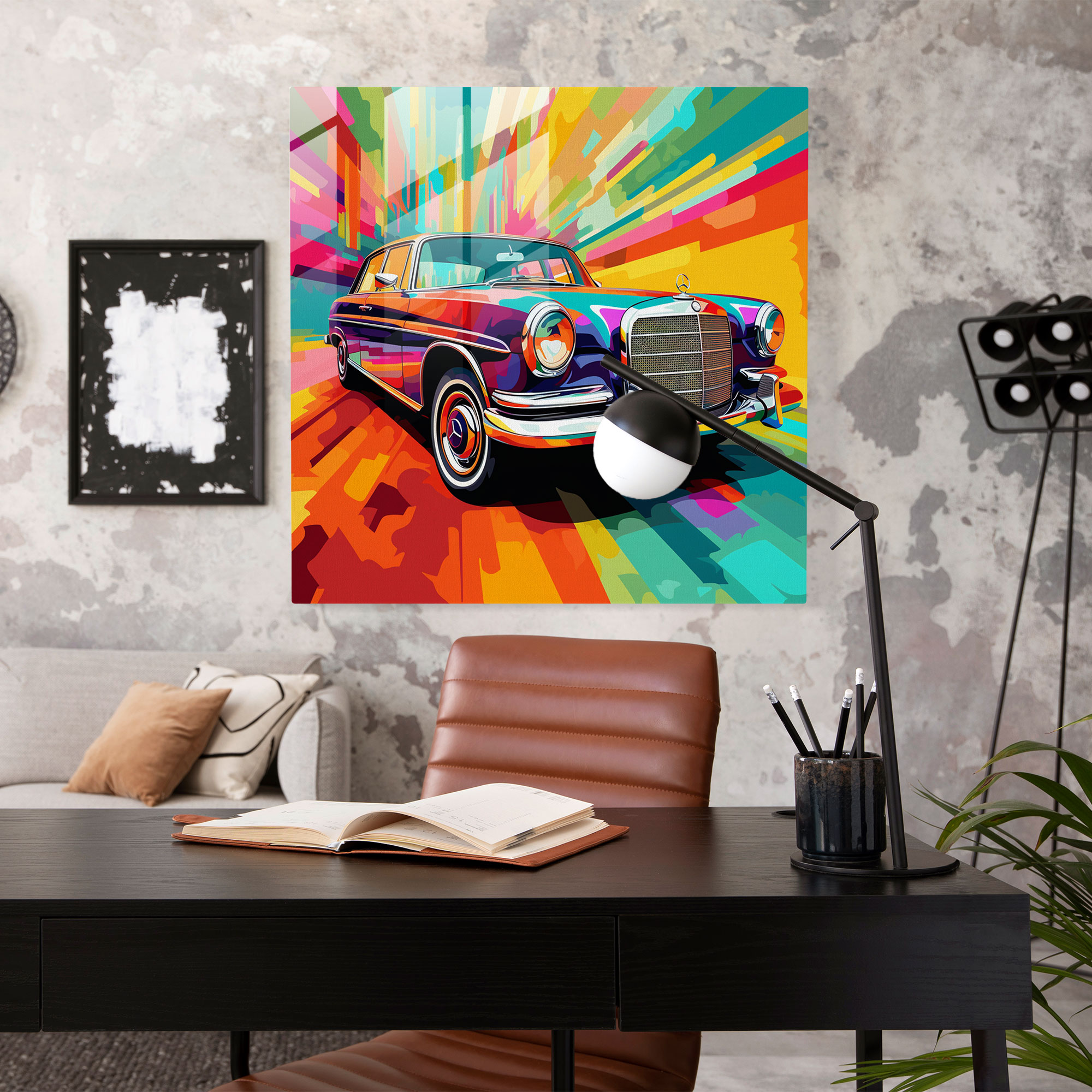 Mercedes Glass Print: Pop Art Transformation - Mercedes, Vibrant, Mercedes, Glass Print