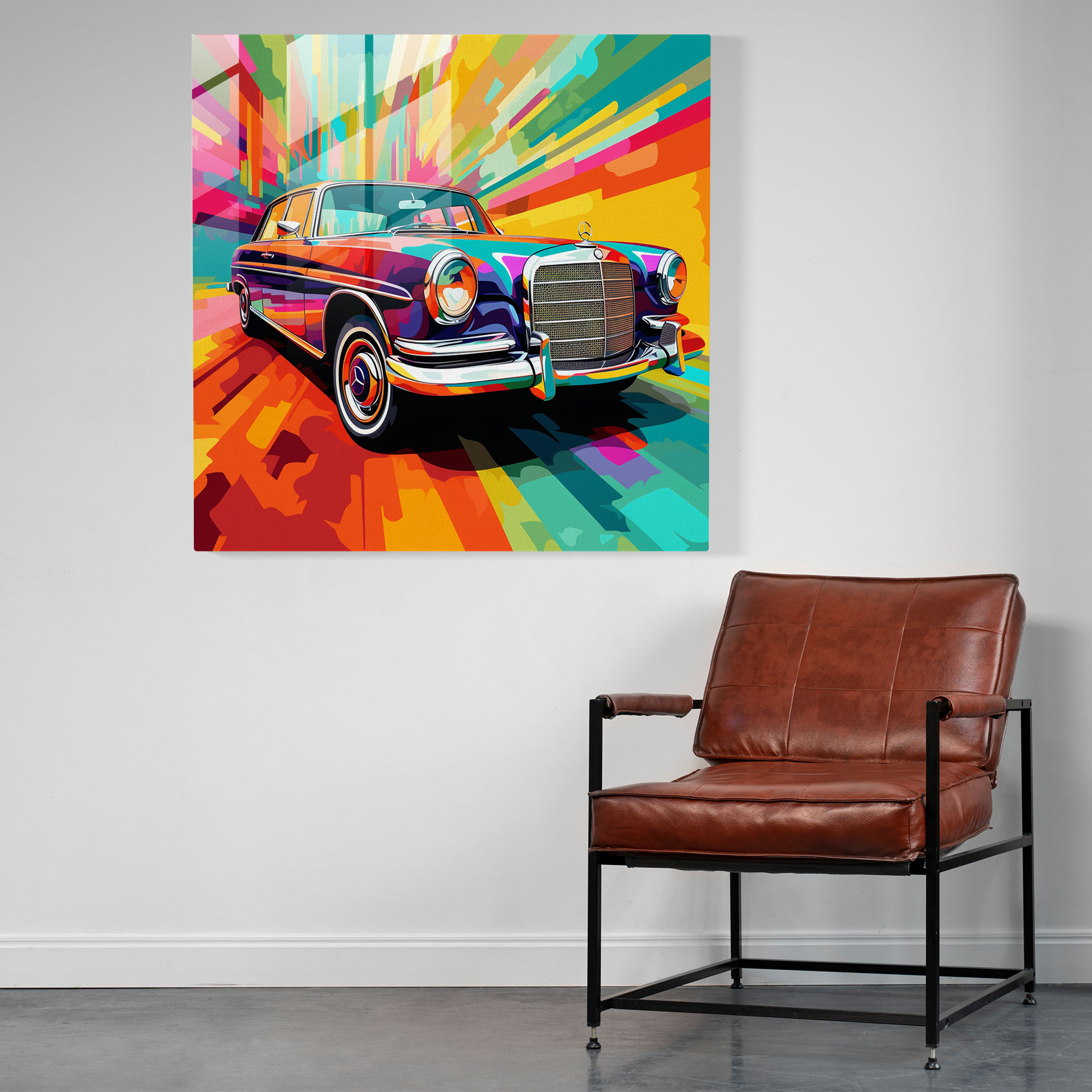 Mercedes Glass Print: Pop Art Transformation - Mercedes, Vibrant, Mercedes, Glass Print