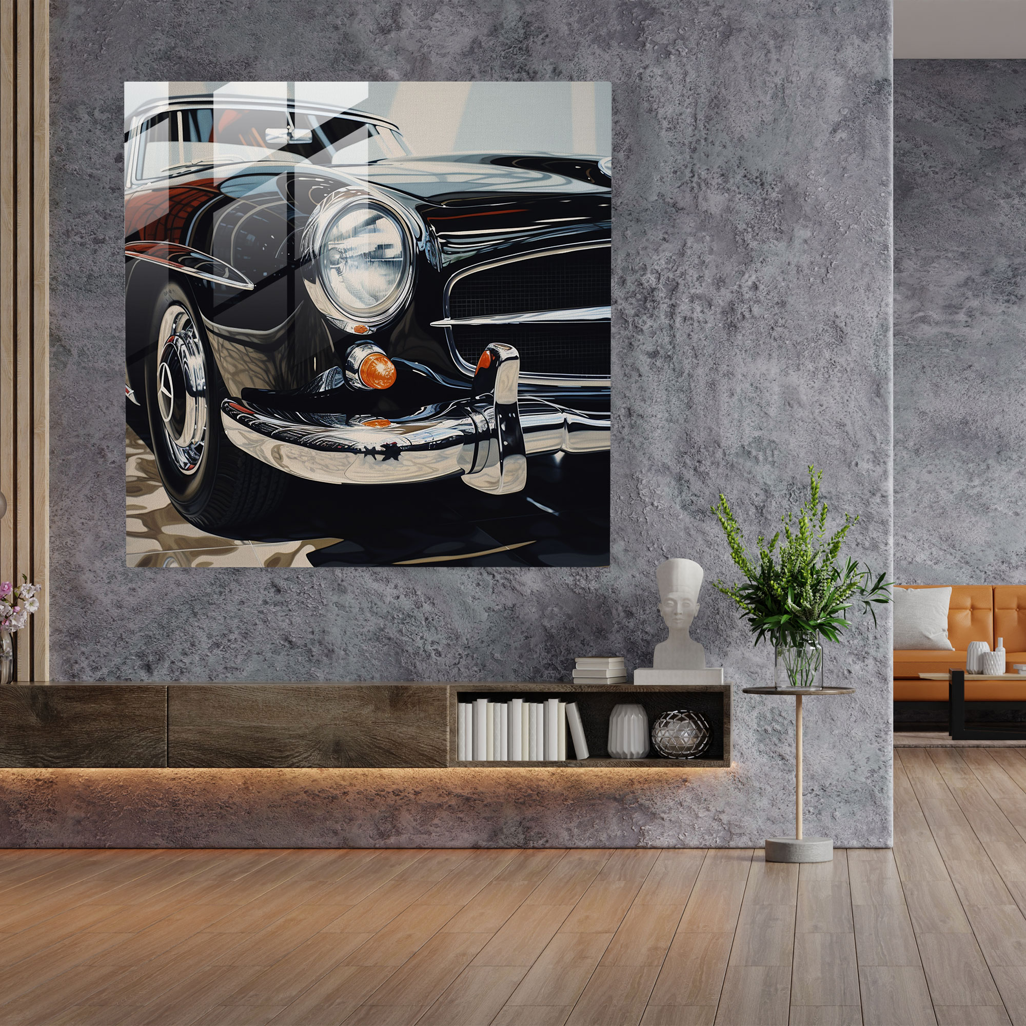 Mercedes Glass Print: Photorealistic Close-Up - Mercedes, Close-Up, Home Decoration, Wall Decoration
