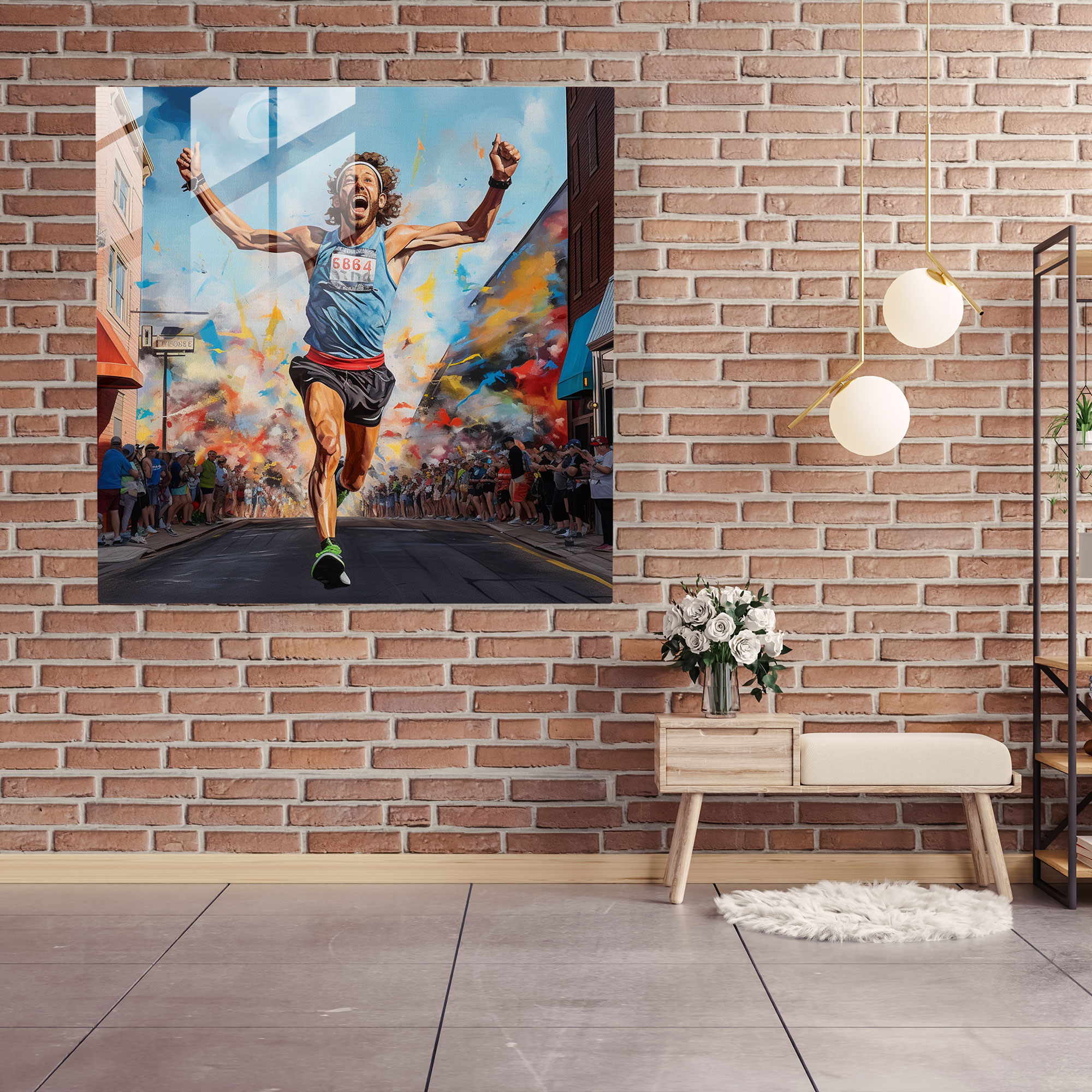 Motivational Glass Wall Art - Marathon Triumph - Motivational, Finish Line, Marathon Runner, Mural