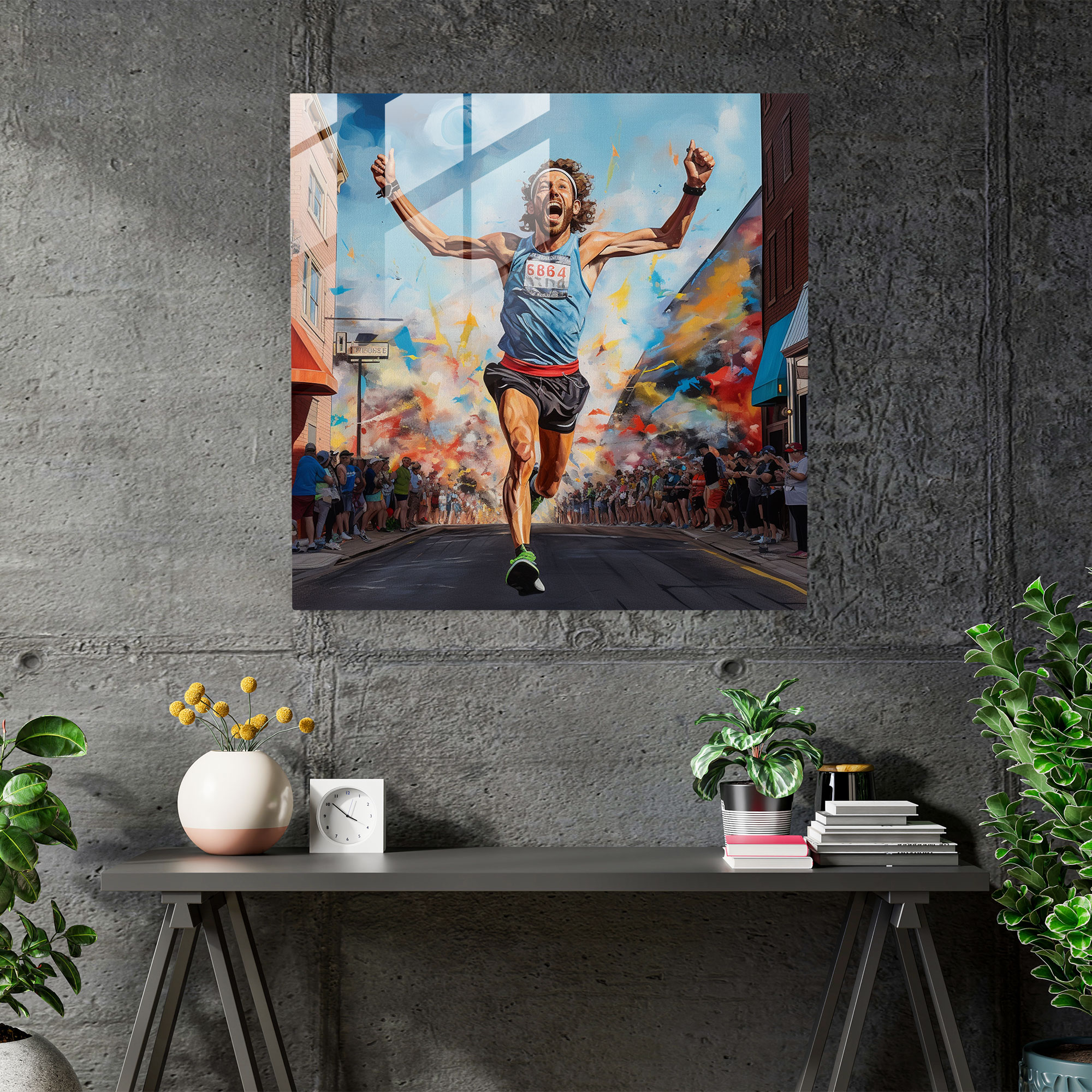 Motivational Glass Wall Art - Marathon Triumph - Motivational, Finish Line, Marathon Runner, Mural