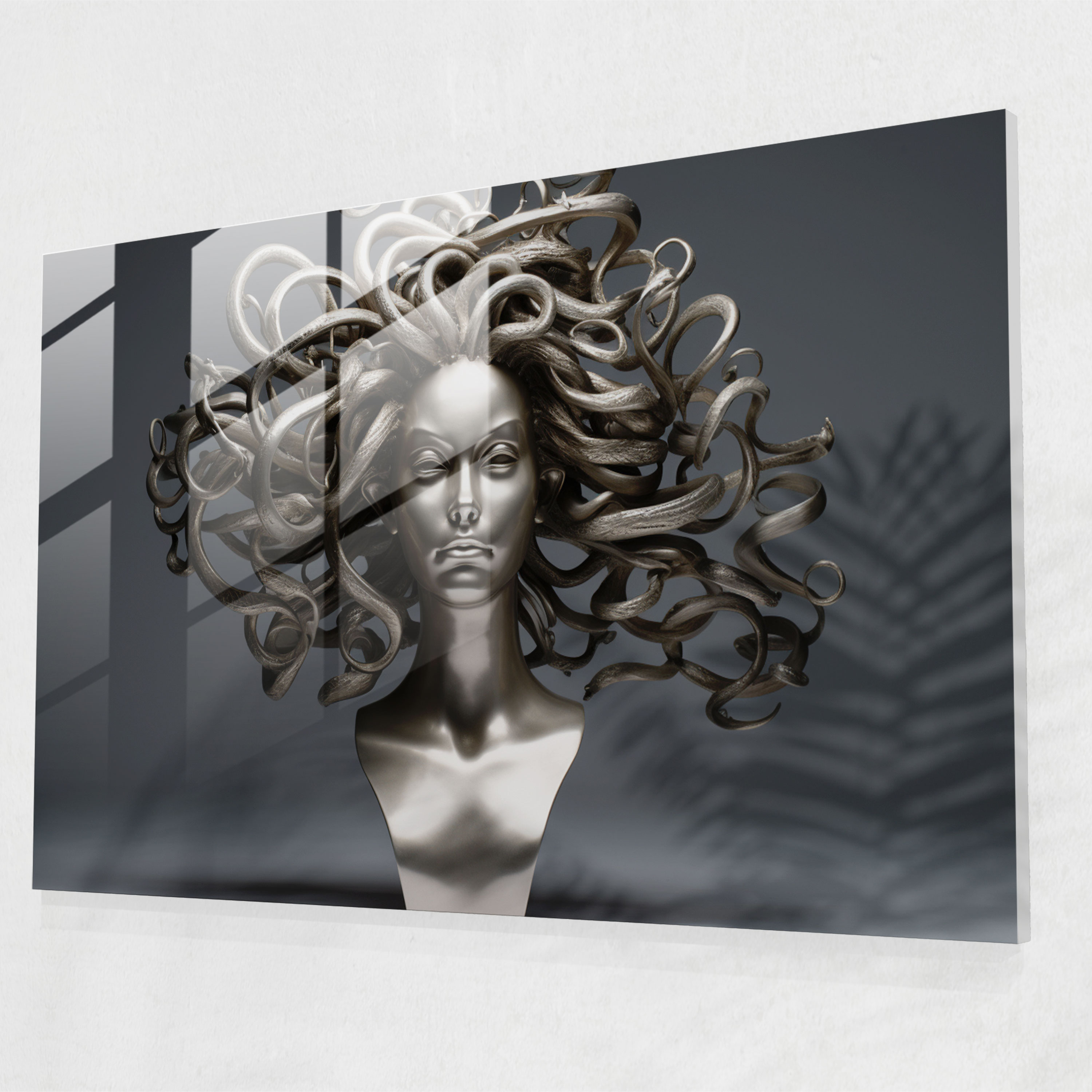 Mythology Glass Print - Sleek Medusa Head - Mythology, Wall Decoration, Home Decoration, Glass Art