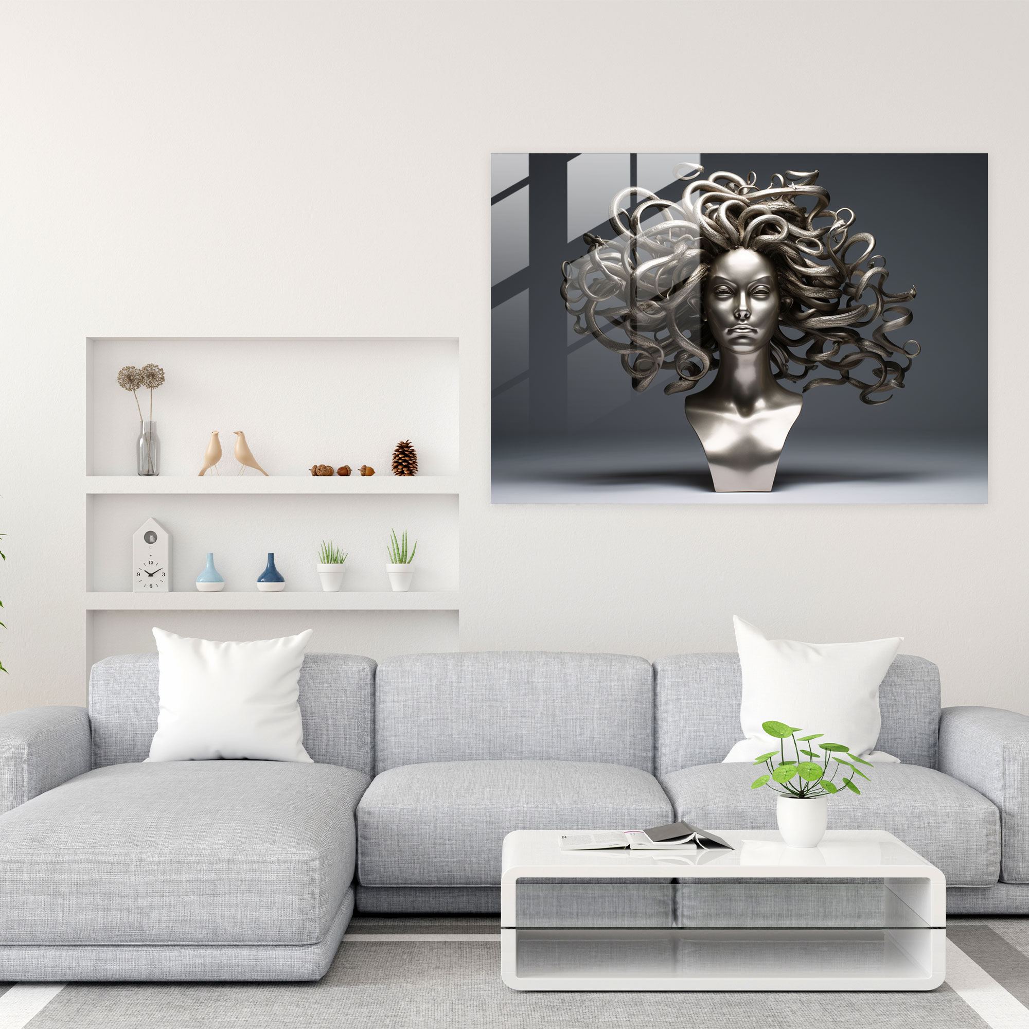Mythology Glass Print - Sleek Medusa Head - Mythology, Wall Decoration, Home Decoration, Glass Art