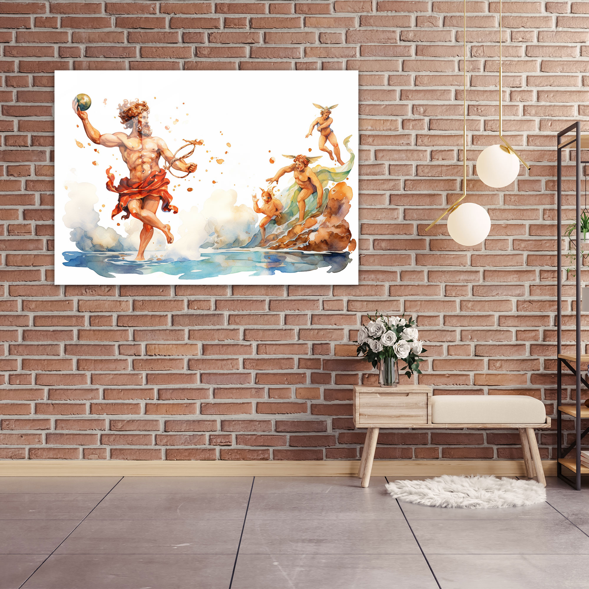 Mythology Glass Print: Playful Hermes - Mythology, Antics, Greek God, Glass Wall Art