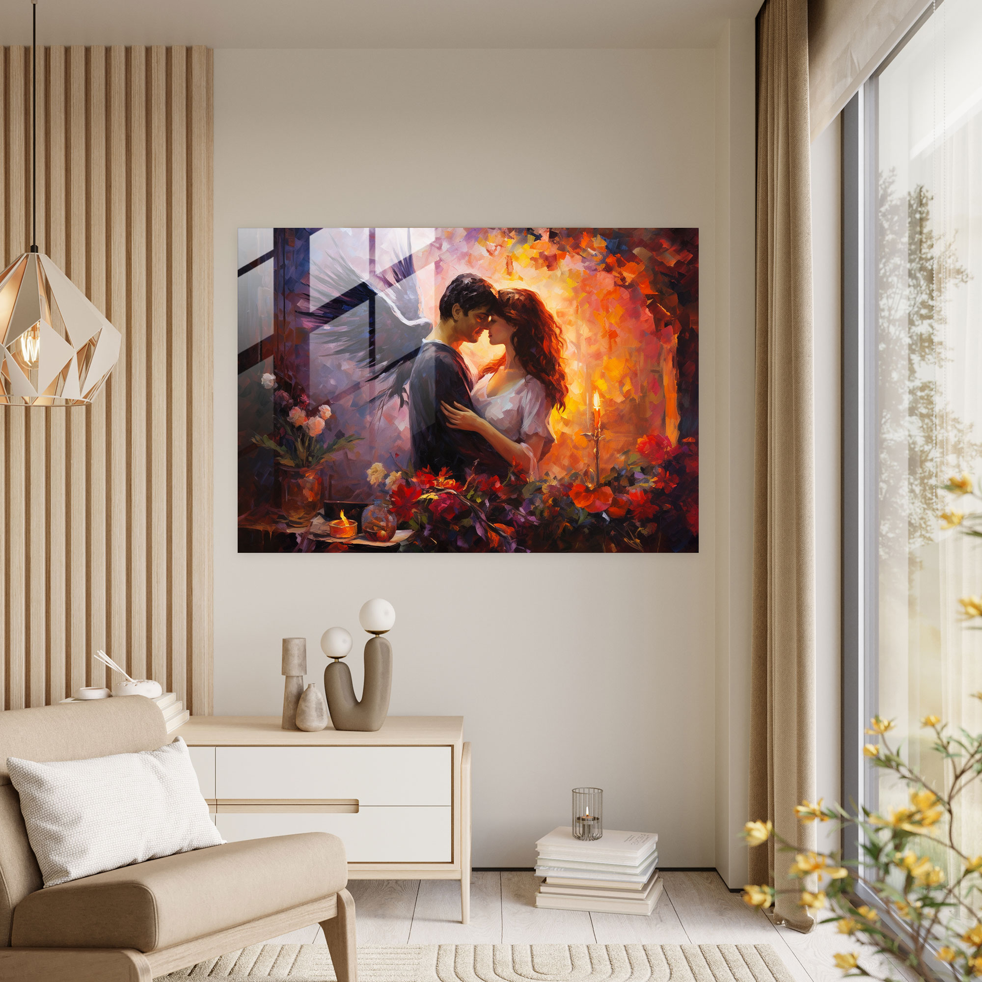 Mitoloji Cam Tablosu: Romantik Öpücük - Aşk Romantizm Modern Sanat