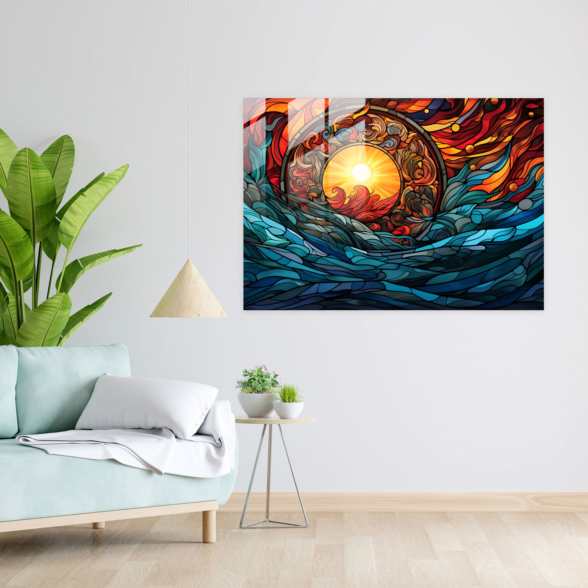 Mythology Glass Print: Norse-Inspired Abstract Stained Glass - Mythology, Stained Glass Design, Mythology, Wall Decoration