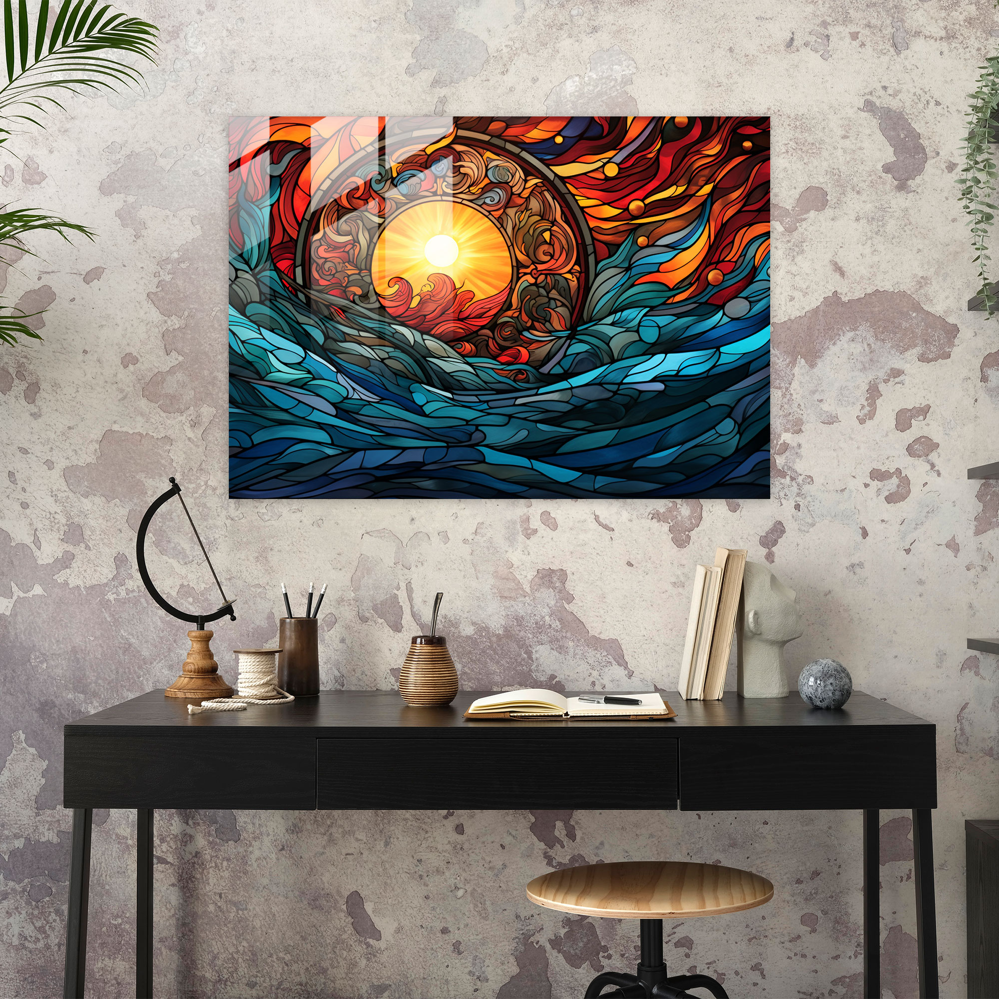 Mythology Glass Print: Norse-Inspired Abstract Stained Glass - Mythology, Stained Glass Design, Mythology, Wall Decoration