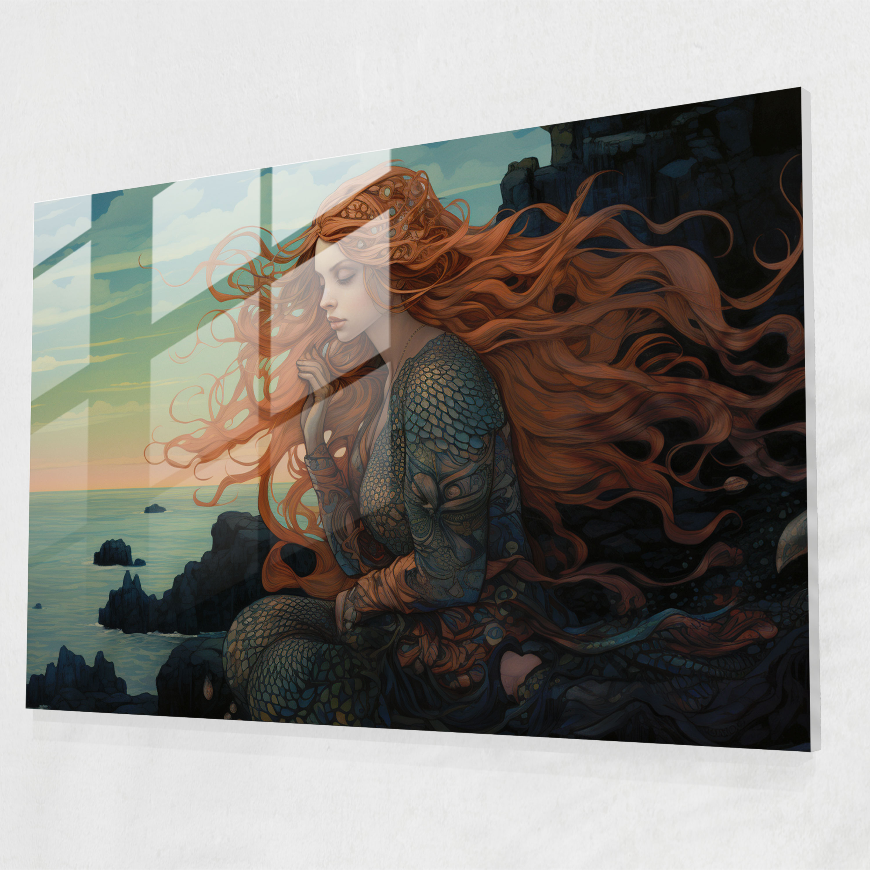 Mythology Glass Print - Art Nouveau Mermaid - Mythology, Art Nouveau Illustration, Wall Decoration, Mythology Glass Print