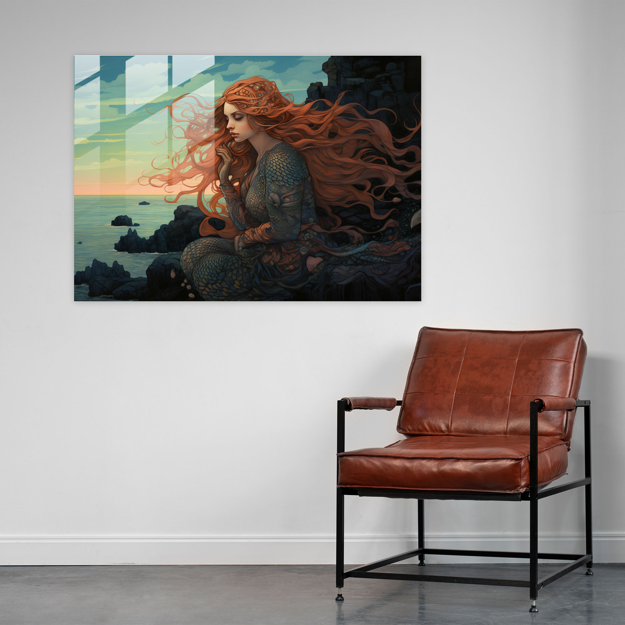 Mythology Glass Print - Art Nouveau Mermaid - Mythology, Art Nouveau Illustration, Wall Decoration, Mythology Glass Print