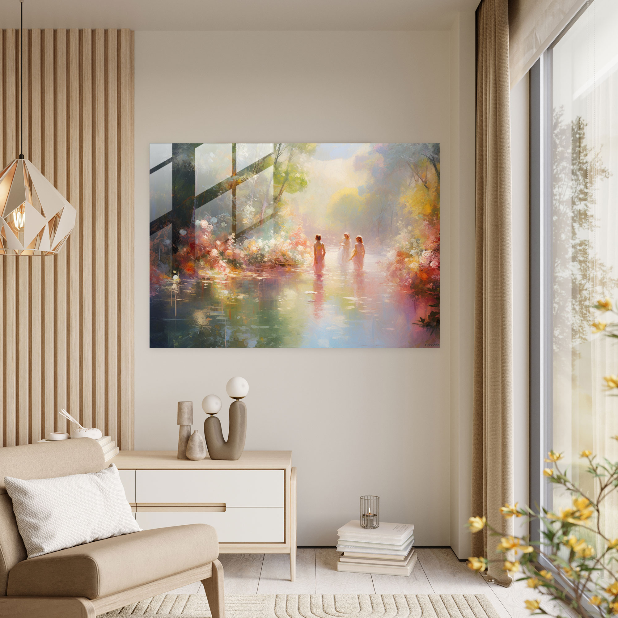 Mythology Glass Print - Sun-Drenched Nymphs And Fauns - Mythology, Impressionist Painting, Sun-Drenched Landscape, Mythology Glass Print