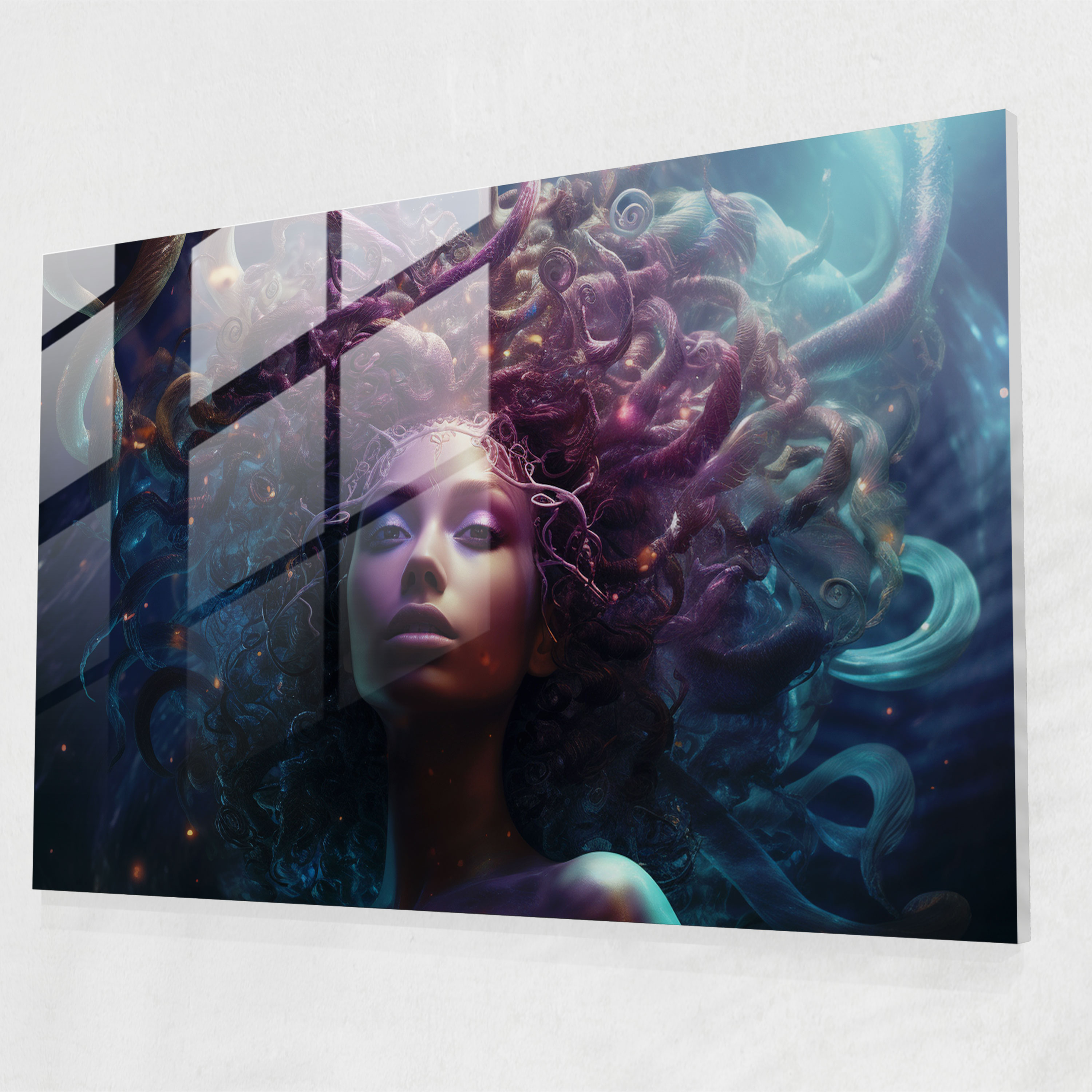 Mythology Glass Print - Medusa In The Galaxies - Mythology, Digital Art, Galaxies, Home Decoration