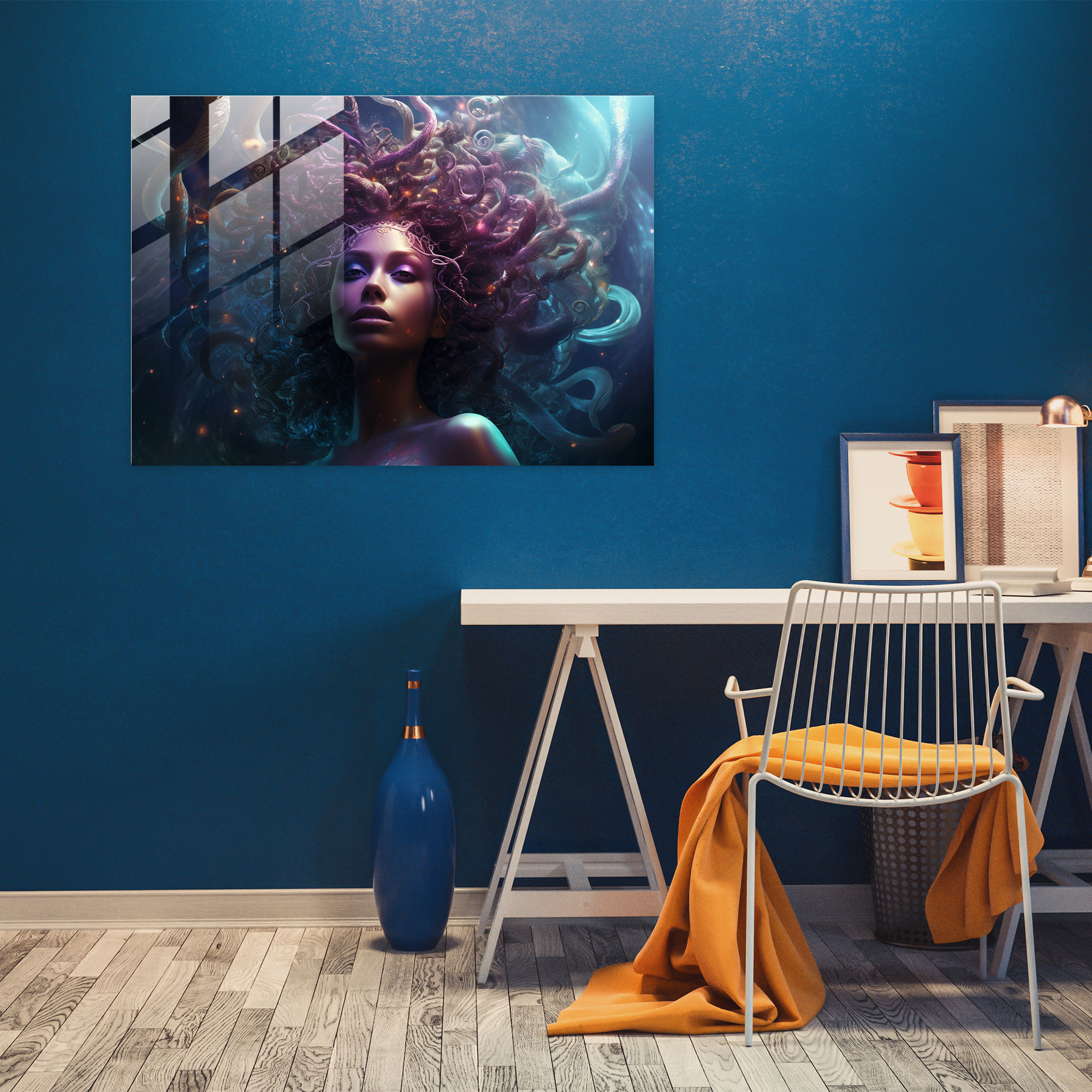 Mythology Glass Print - Medusa In The Galaxies - Mythology, Digital Art, Galaxies, Home Decoration