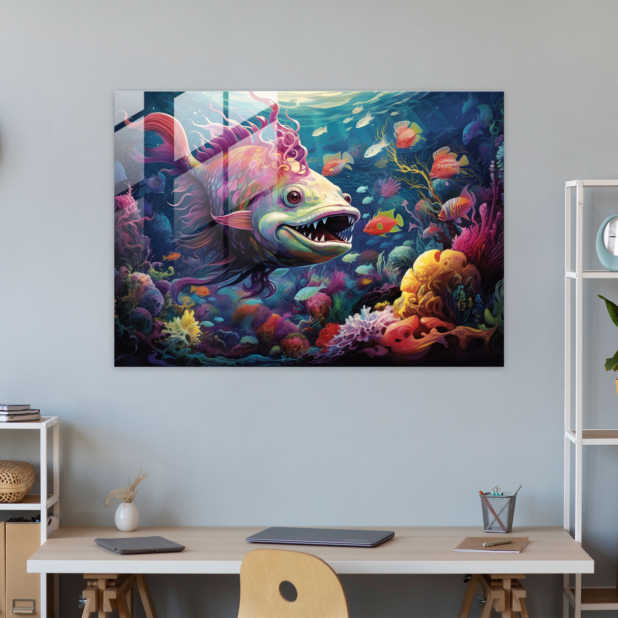 Underwater Mythology Glass Print - Mythology, Vibrant Underwater World, Mystery, Mythical Sea Creatures