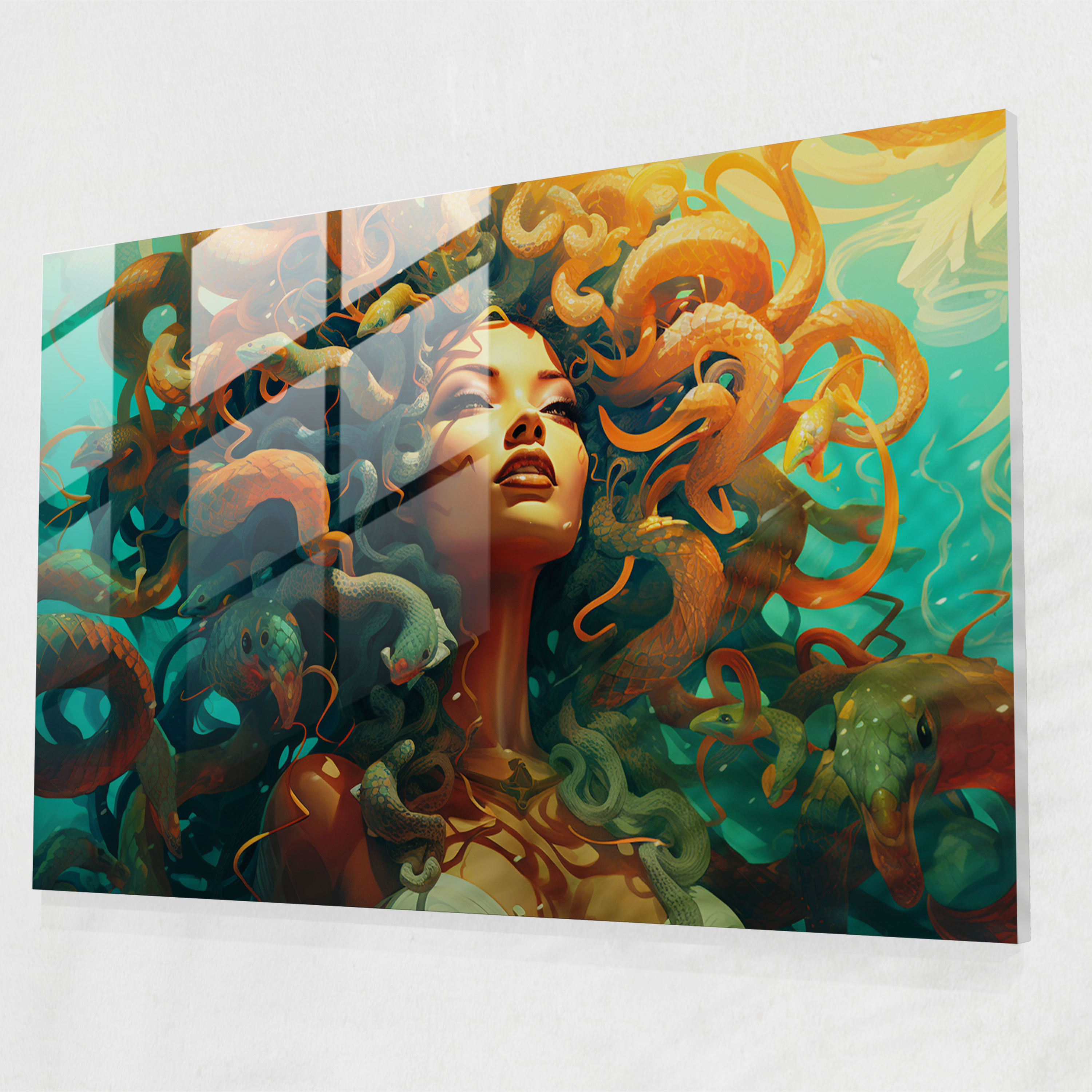 Mythology Glass Print: Medusa's Surreal Serpents - Mythology, Glass Print, Glass Art, Medusa