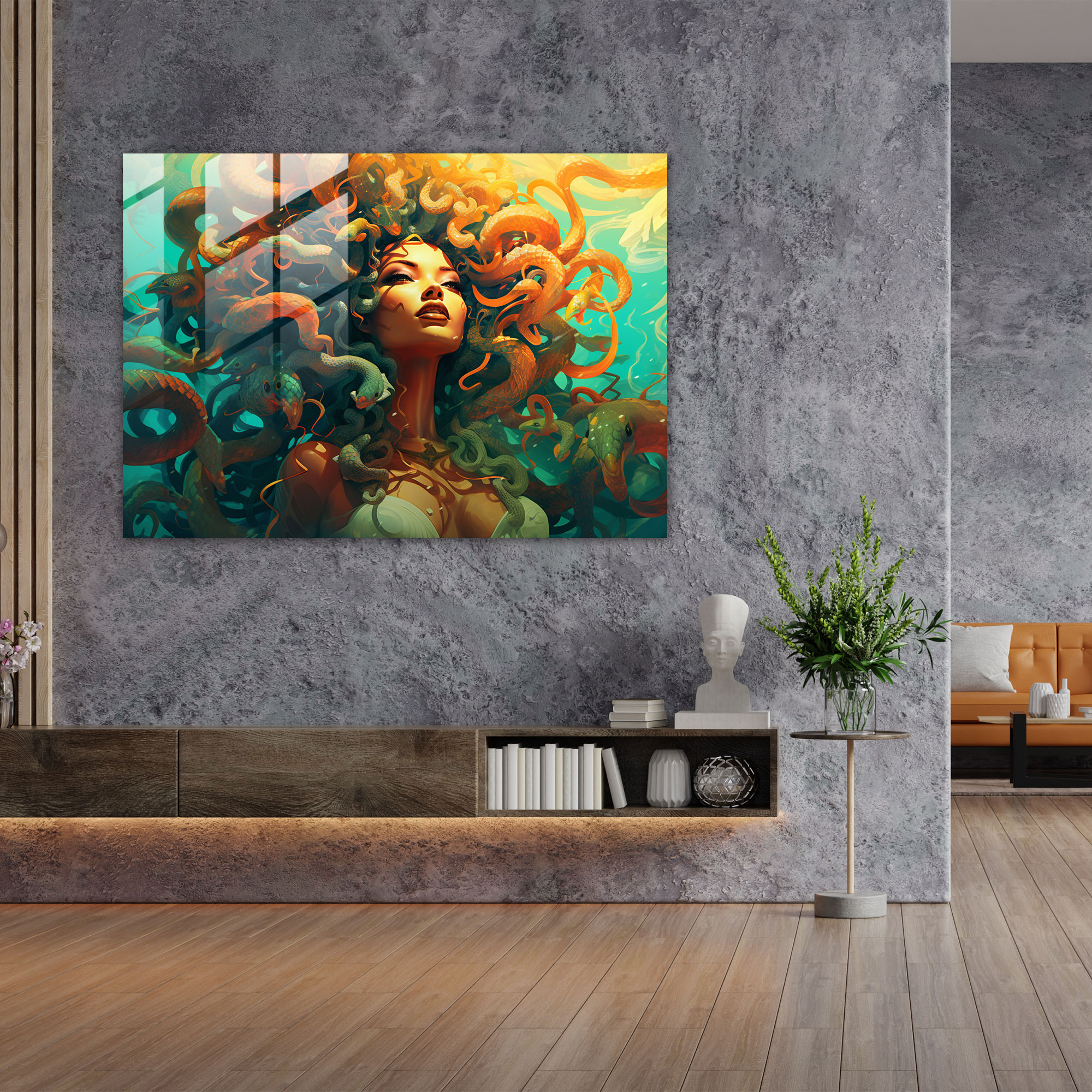Mythology Glass Print: Medusa's Surreal Serpents - Mythology, Glass Print, Glass Art, Medusa