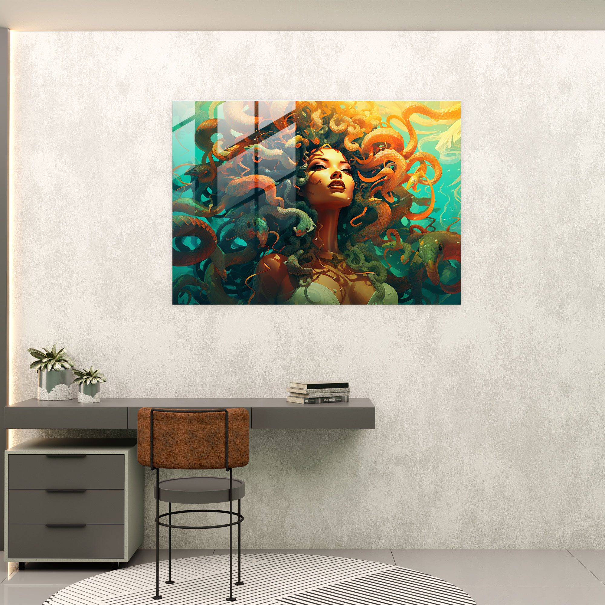 Mythology Glass Print: Medusa's Surreal Serpents - Mythology, Glass Print, Glass Art, Medusa