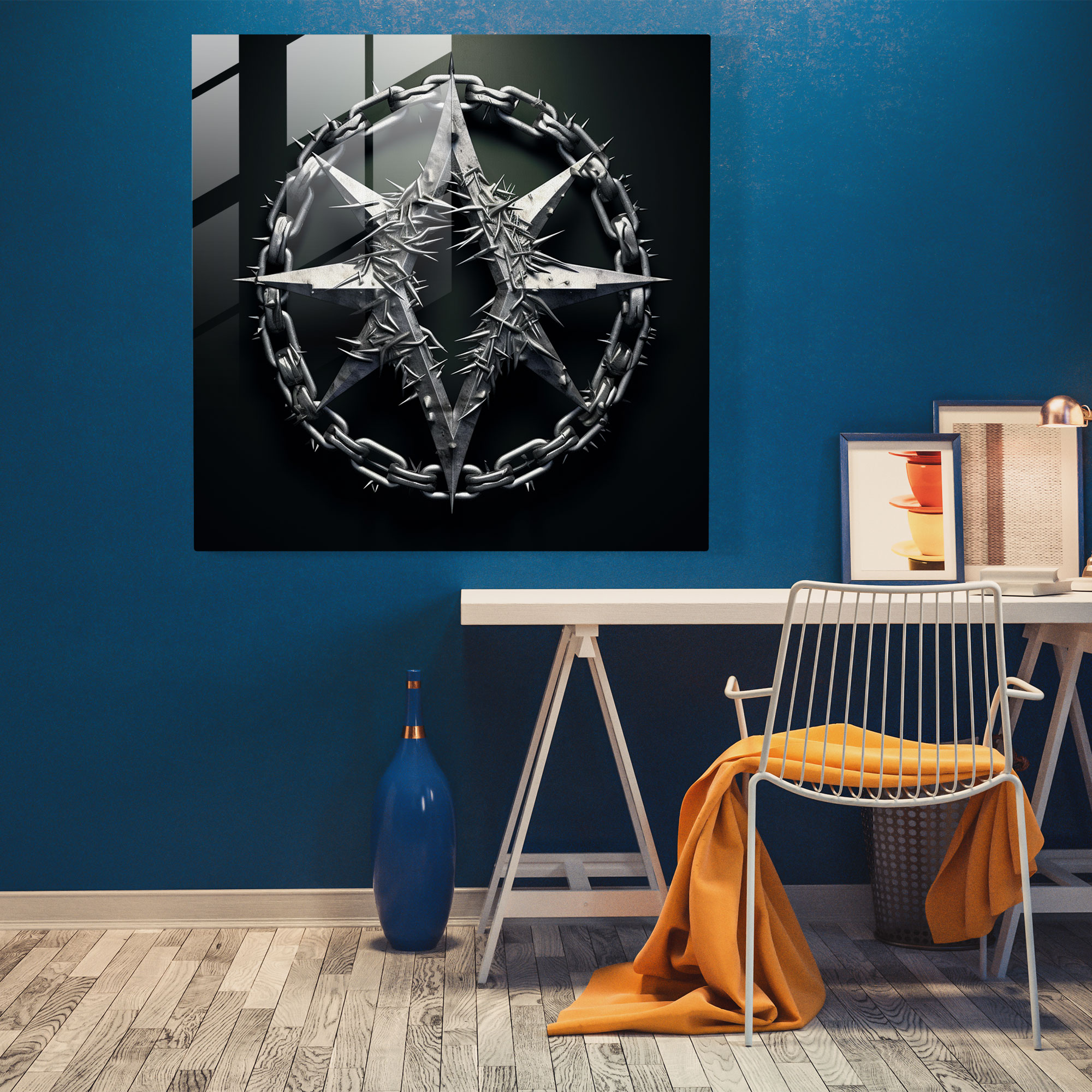 Metallica Chains And Spikes Logo Glass Print - Metallica, Wall Decoration, Modern Art, Rock And Roll Attitude