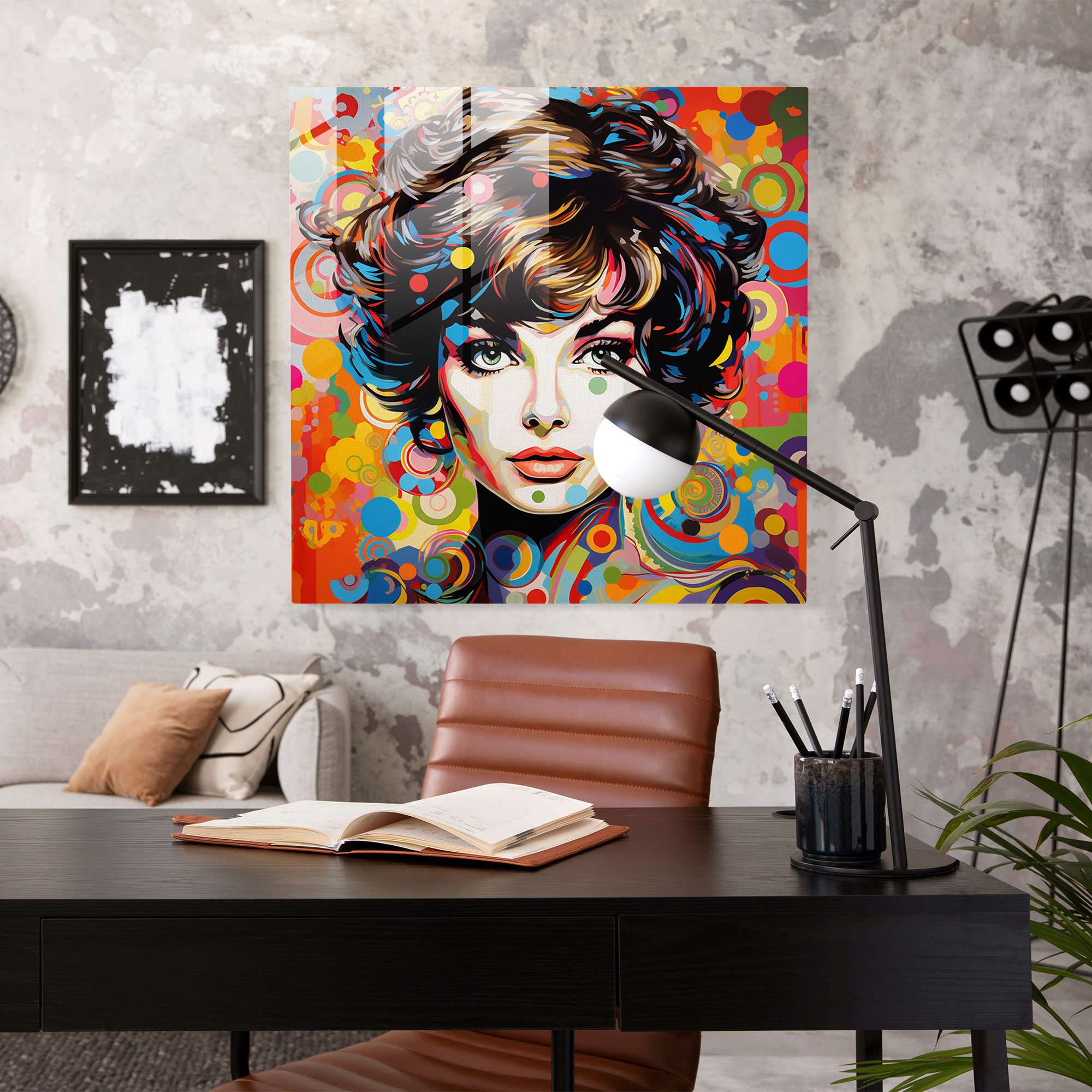 Vibrantes Porträt eines berühmten Ikonen - Glasbild für die Heimdekoration im Pop-Art-Stil