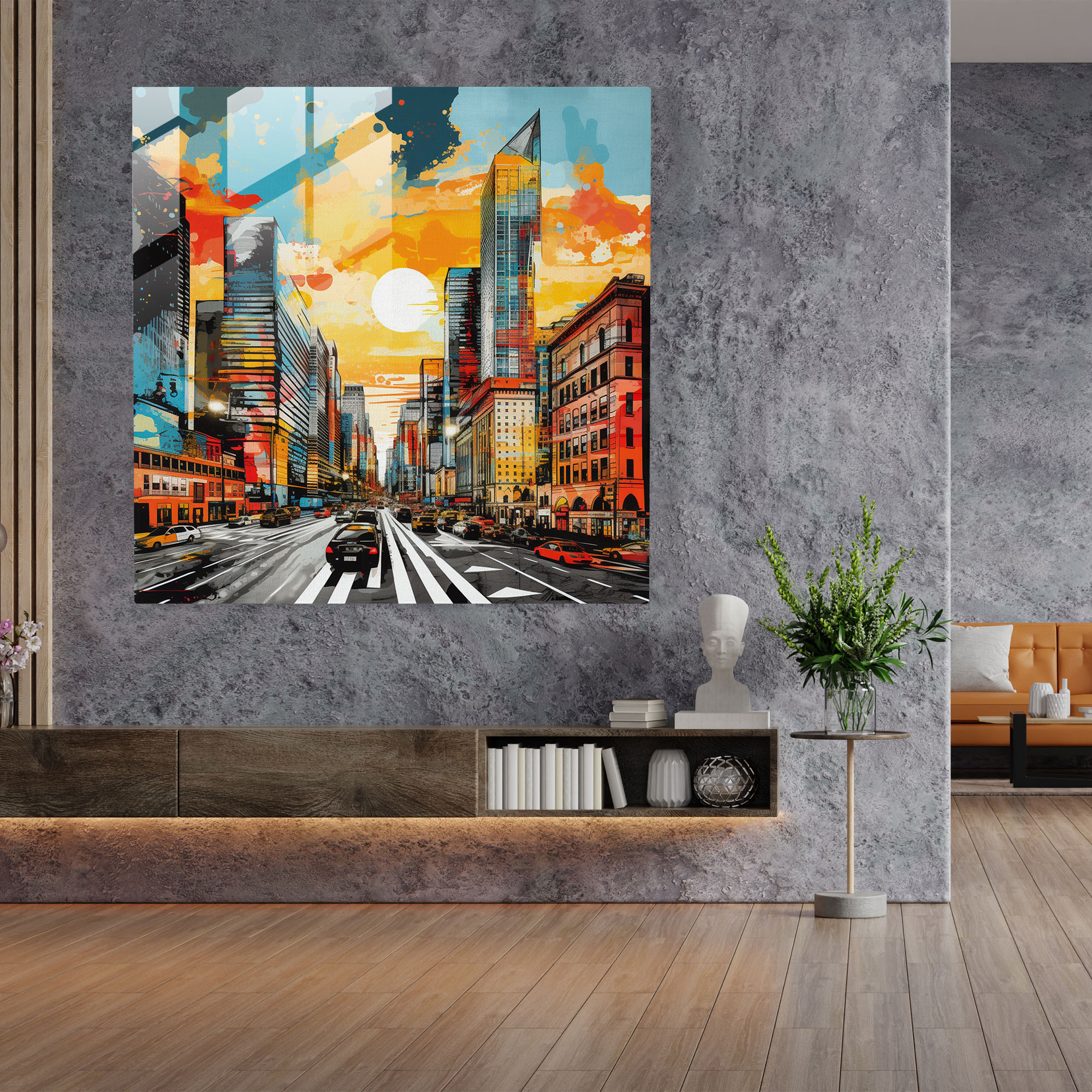Lebendiges Stadtbild aus Glas - Kühnes Skyline-Kunstwerk