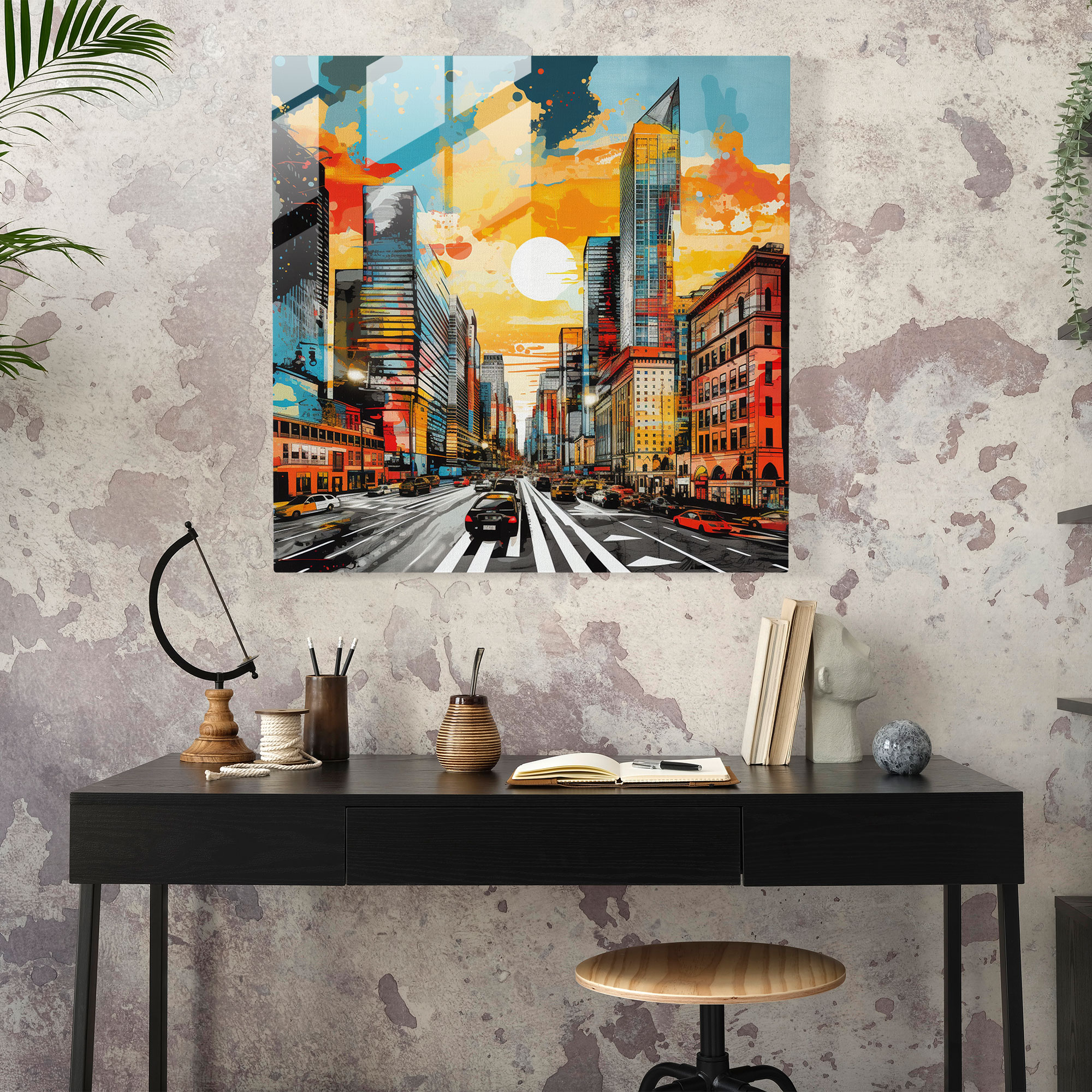 Lebendiges Stadtbild aus Glas - Kühnes Skyline-Kunstwerk
