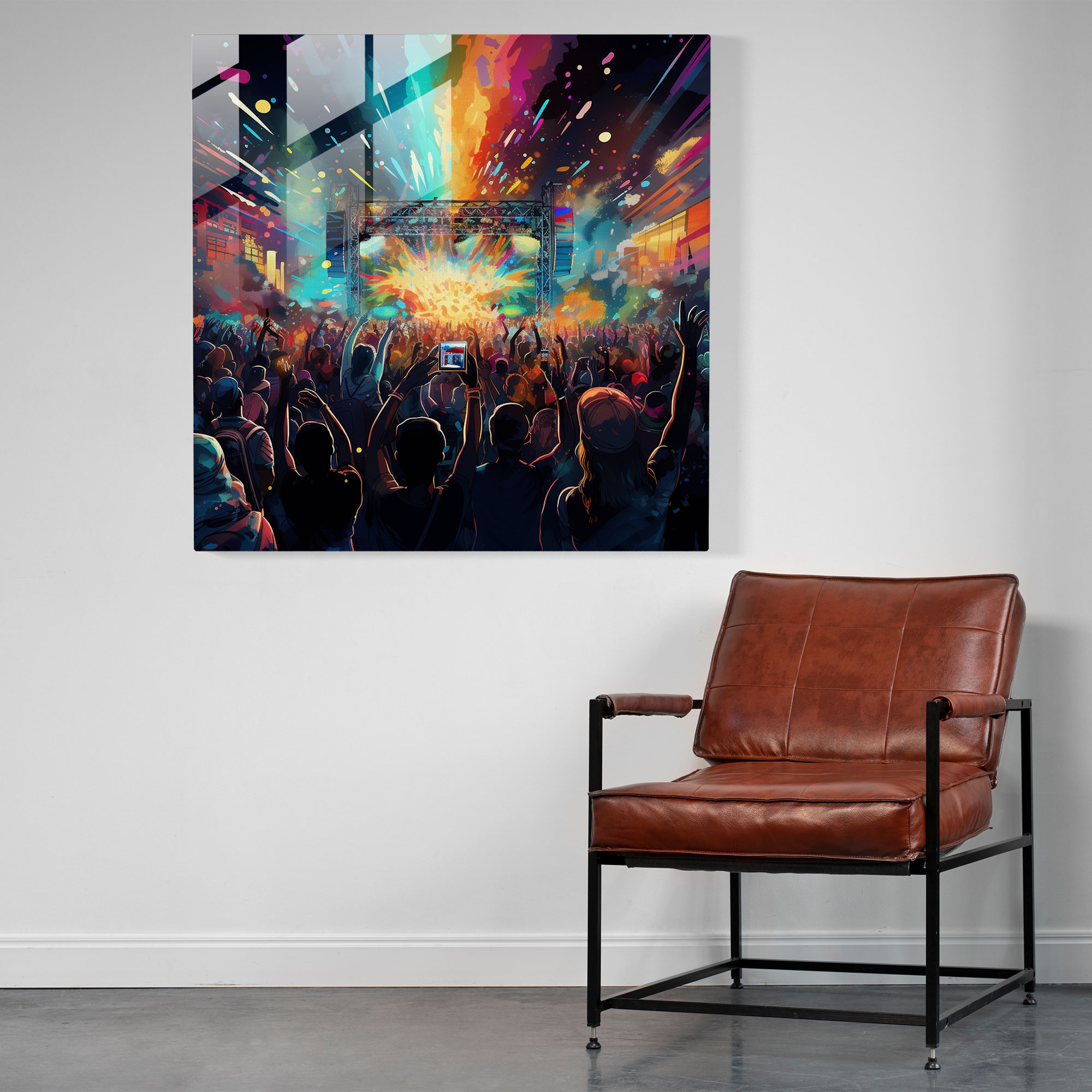 Glasbild Rhythmic Fusion: Pop-Art-inspiriertes digitales Gemälde für die Wanddekoration zuhause