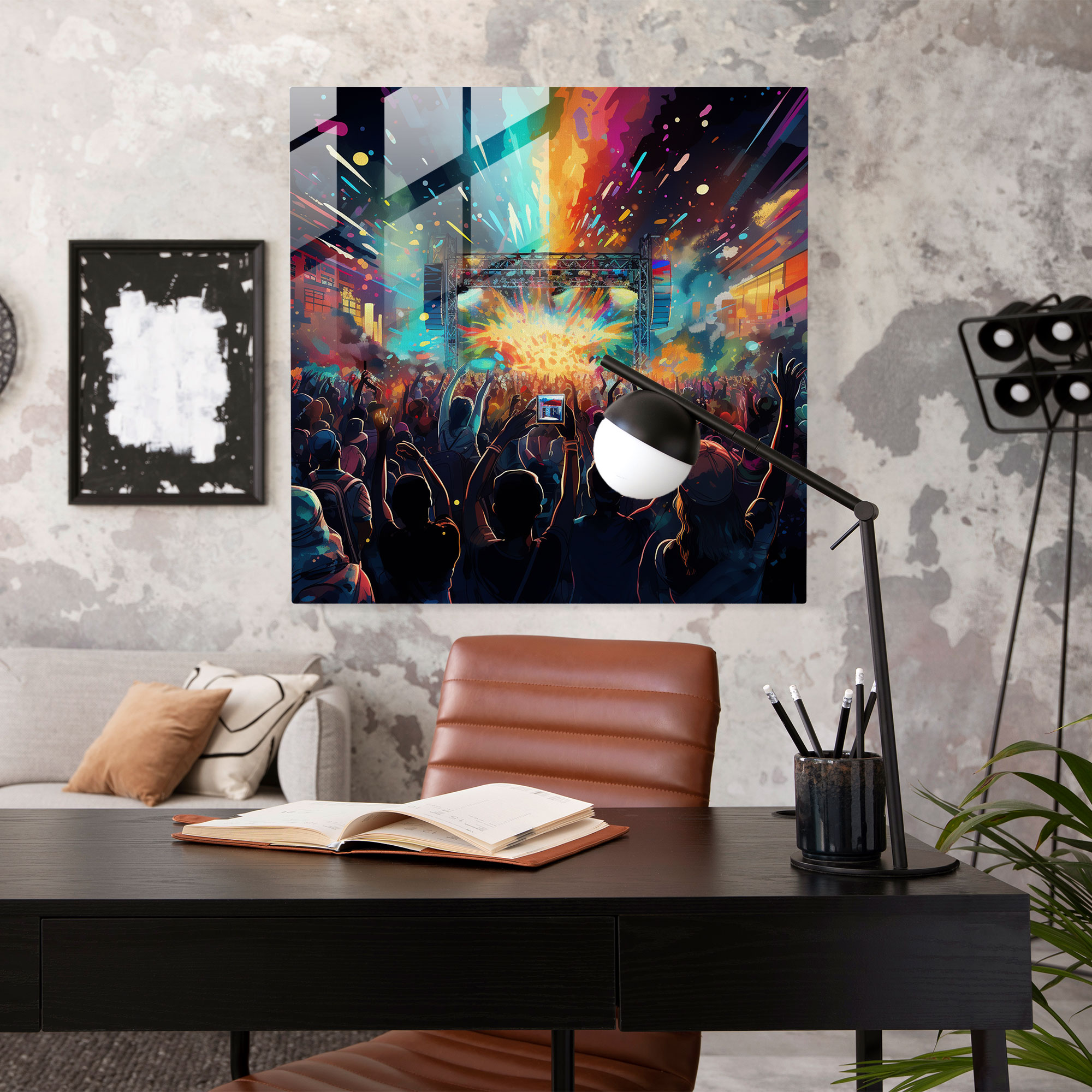Glasbild Rhythmic Fusion: Pop-Art-inspiriertes digitales Gemälde für die Wanddekoration zuhause