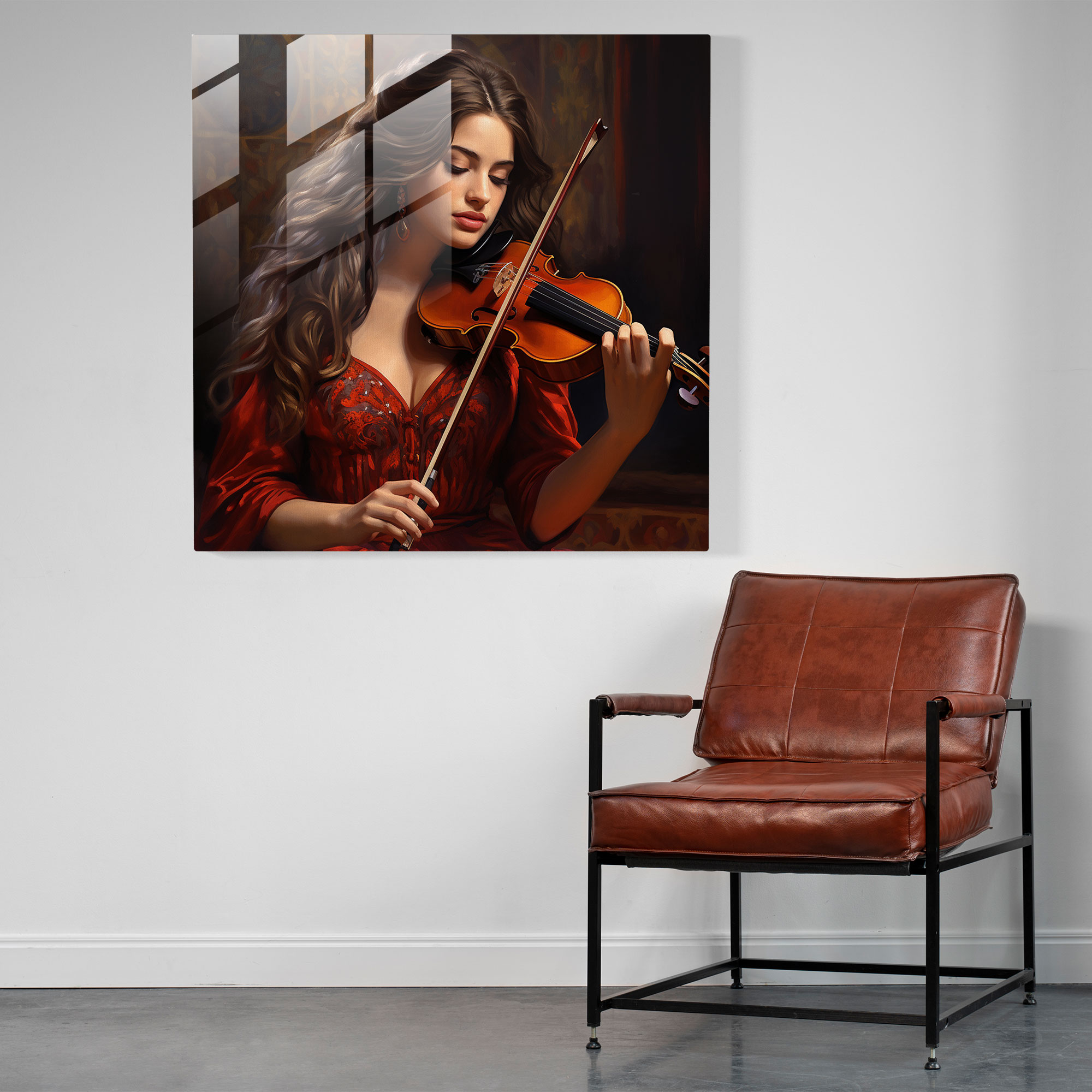 Glasbild Melodische Harmonie: Realistisches Ölporträt Glaswandkunst zur Wohnungsdekoration