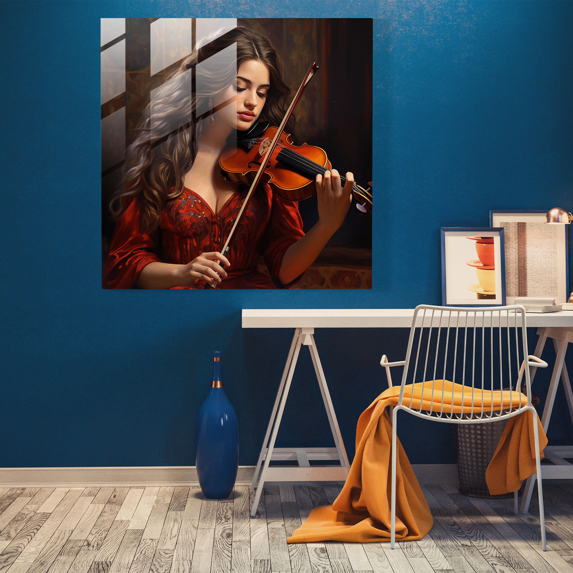 Glasbild Melodische Harmonie: Realistisches Ölporträt Glaswandkunst zur Wohnungsdekoration
