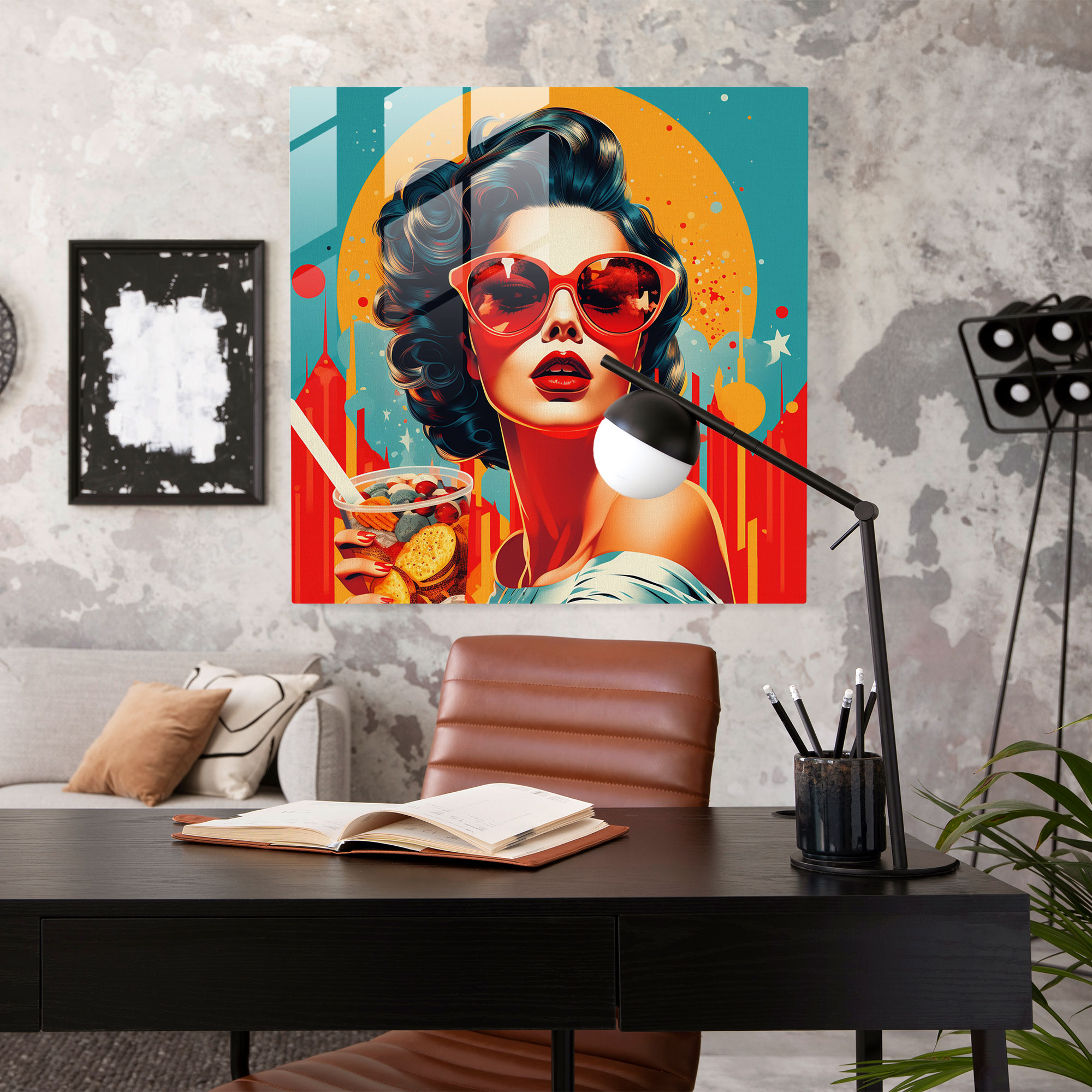 Lebendiges Glasbild: Pop-Art-inspirierte Illustration moderne Wanddekoration