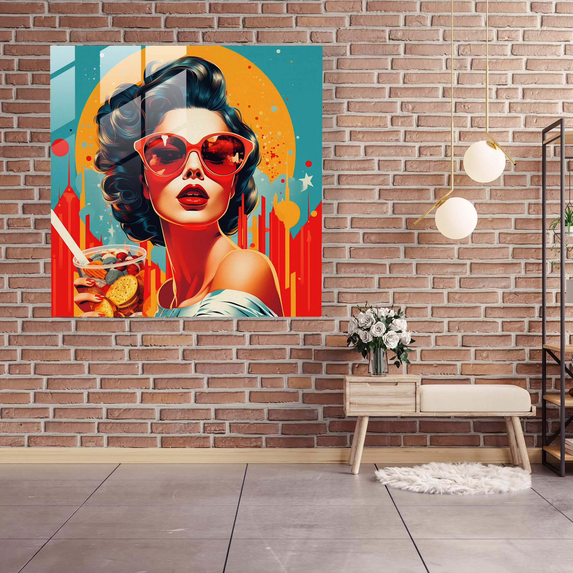 Lebendiges Glasbild: Pop-Art-inspirierte Illustration moderne Wanddekoration
