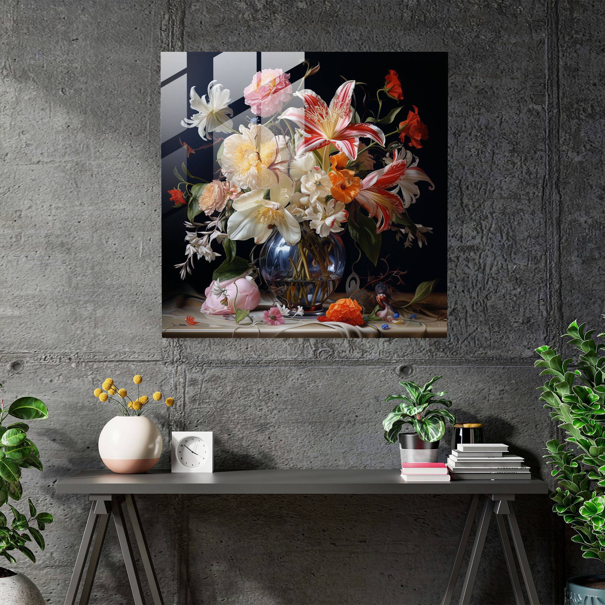Elegantes Glasbild Fotorealistisches Stillleben Moderne Wanddekoration für Zuhause