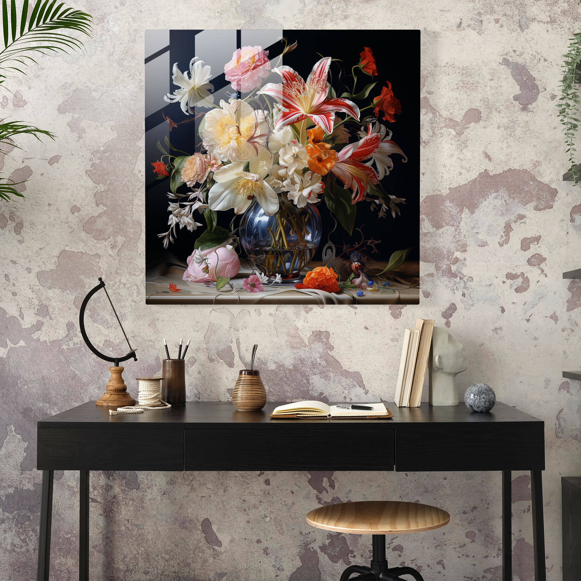 Elegantes Glasbild Fotorealistisches Stillleben Moderne Wanddekoration für Zuhause