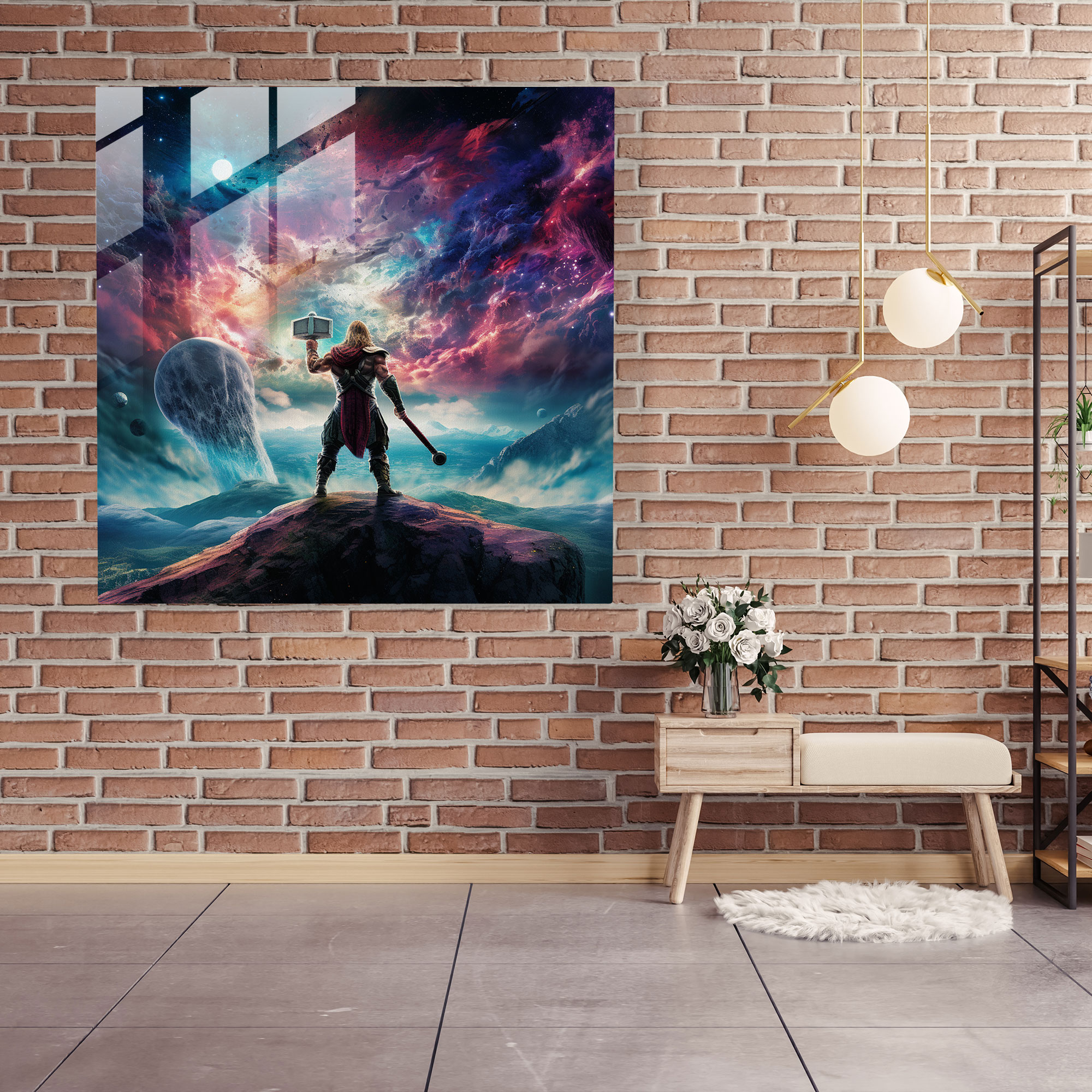 Marvel Thor Gerçeküstü Dijital Sanat Cam Tablo - Marvel Ev Dekorasyonu Gerçeküstü Dijital Sanat Eseri Duvar Dekorasyonu