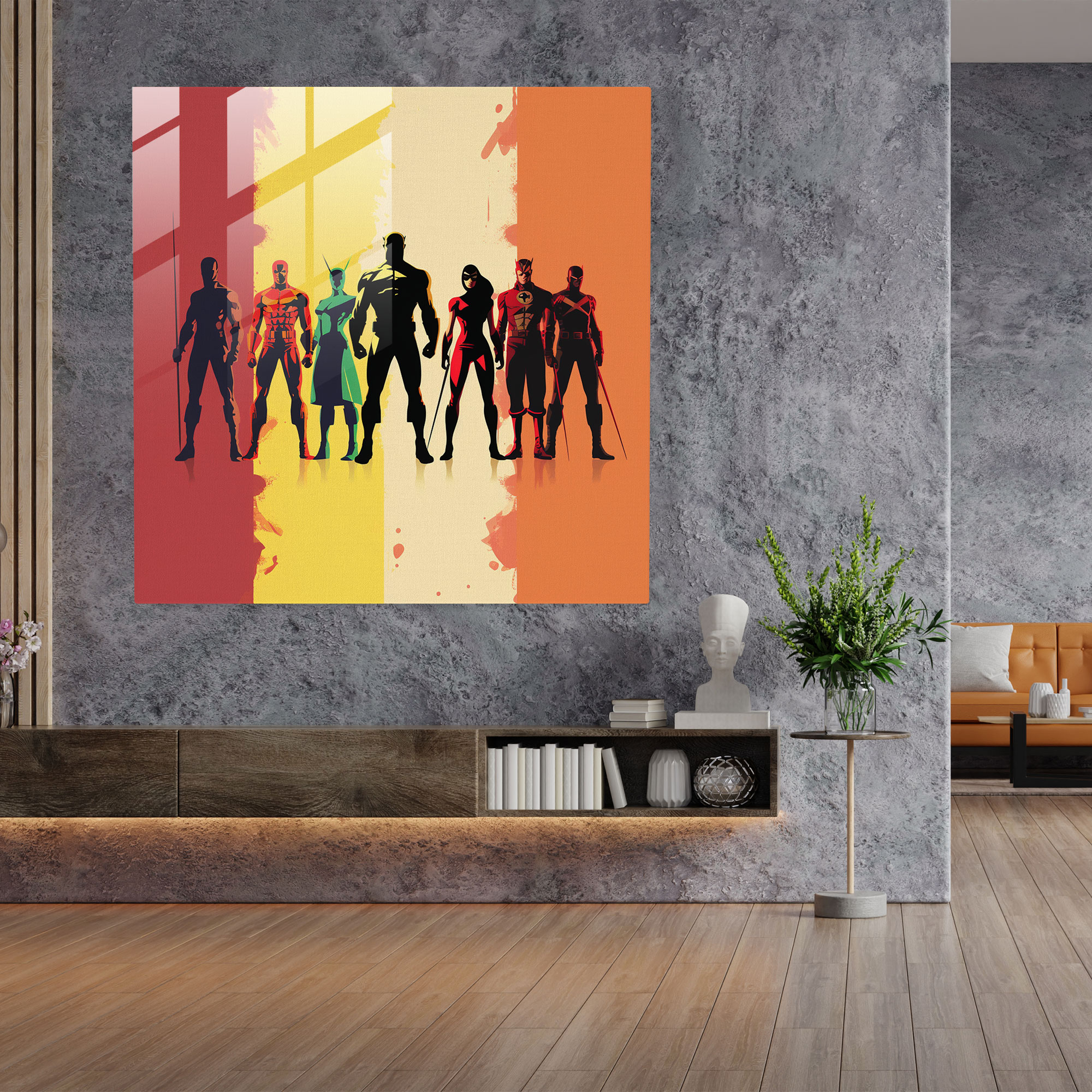 Marvel Silhouette Signature Colors Glass Print - Marvel, Superheroes, Vibrant Background, Modern Art