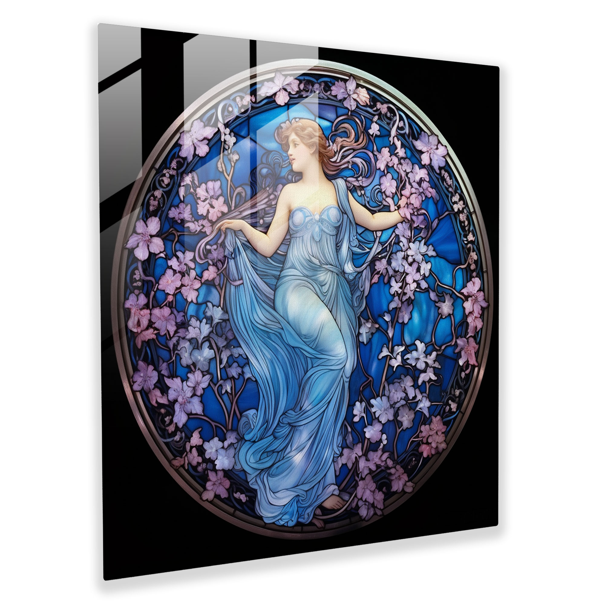 Büyüleyici Art Nouveau Cam Tablosu - Göksel Peri ve Çiçekler Açan Bahçe