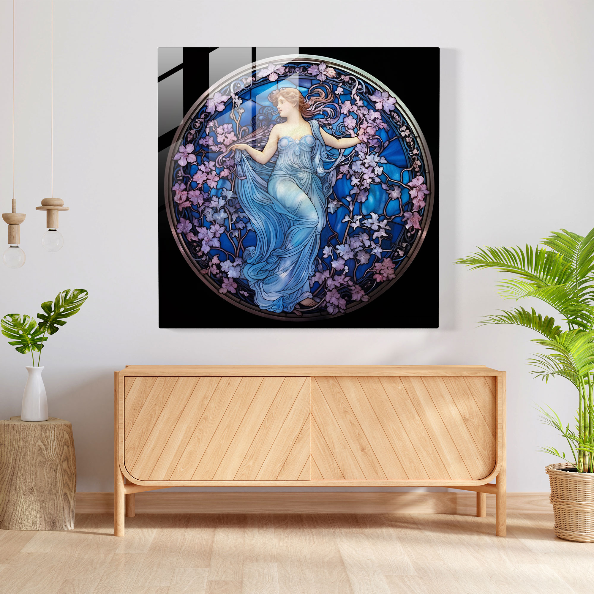Büyüleyici Art Nouveau Cam Tablosu - Göksel Peri ve Çiçekler Açan Bahçe