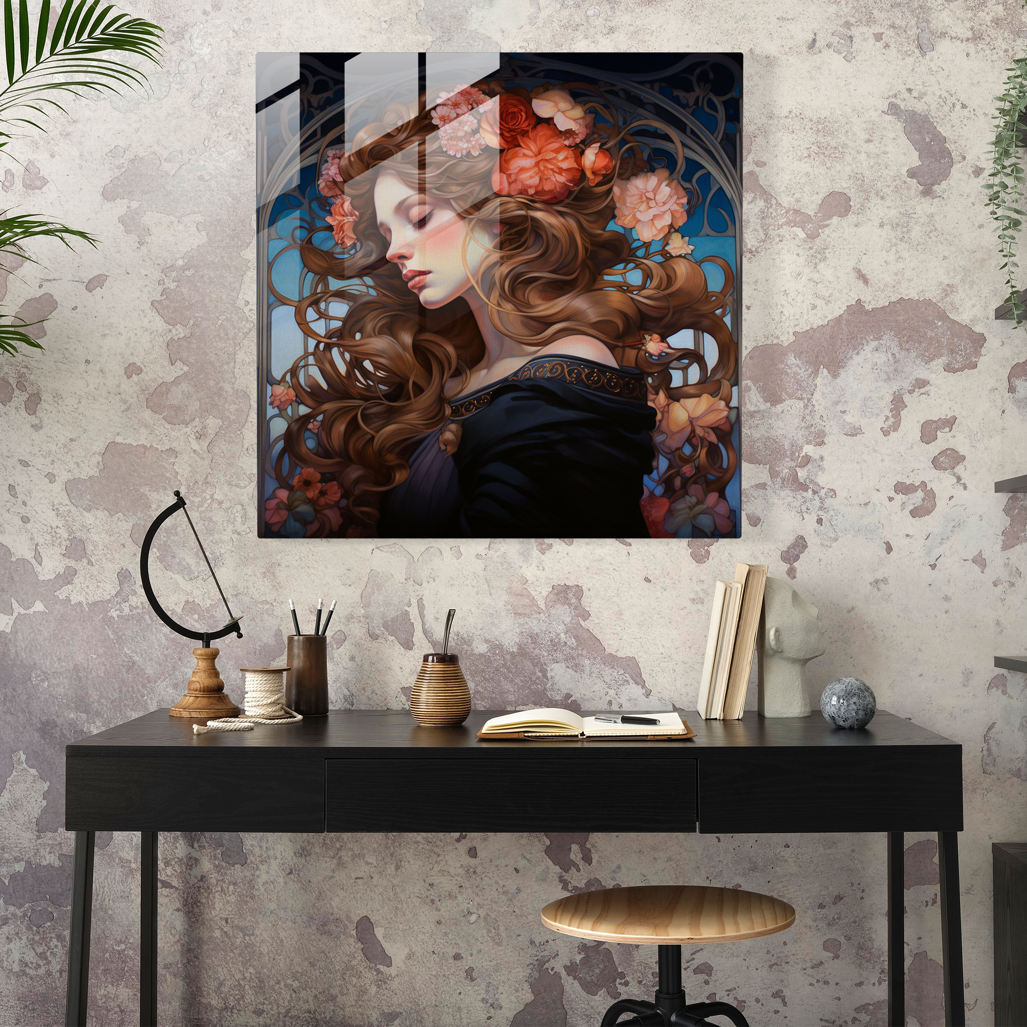 Zarif Art Nouveau Cam Tablo - Çiçek Desenli Zarif Kadın - Şık Duvar Dekoru