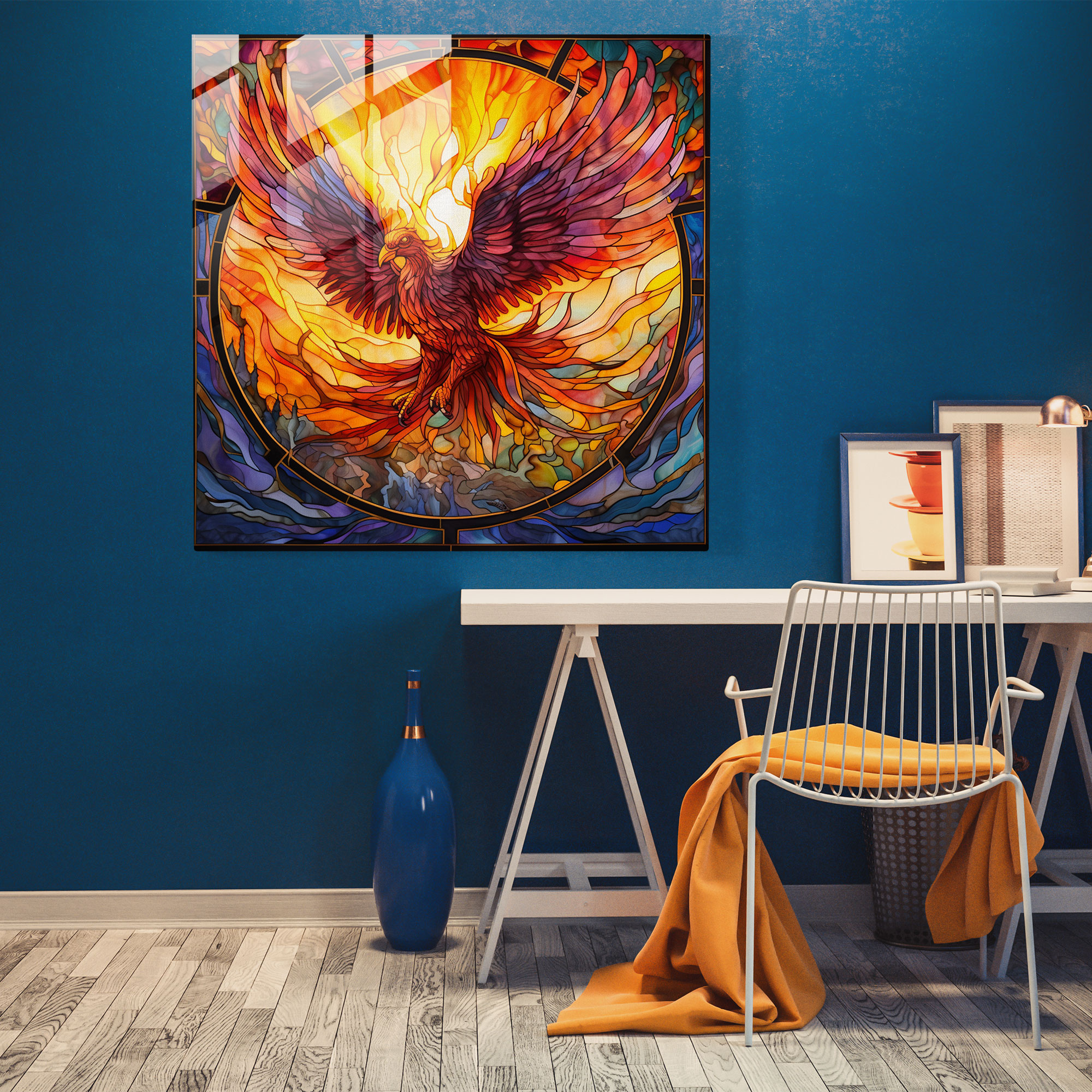 Canlı Renkli Anka Kuşu Vitray Sanat Eseri
