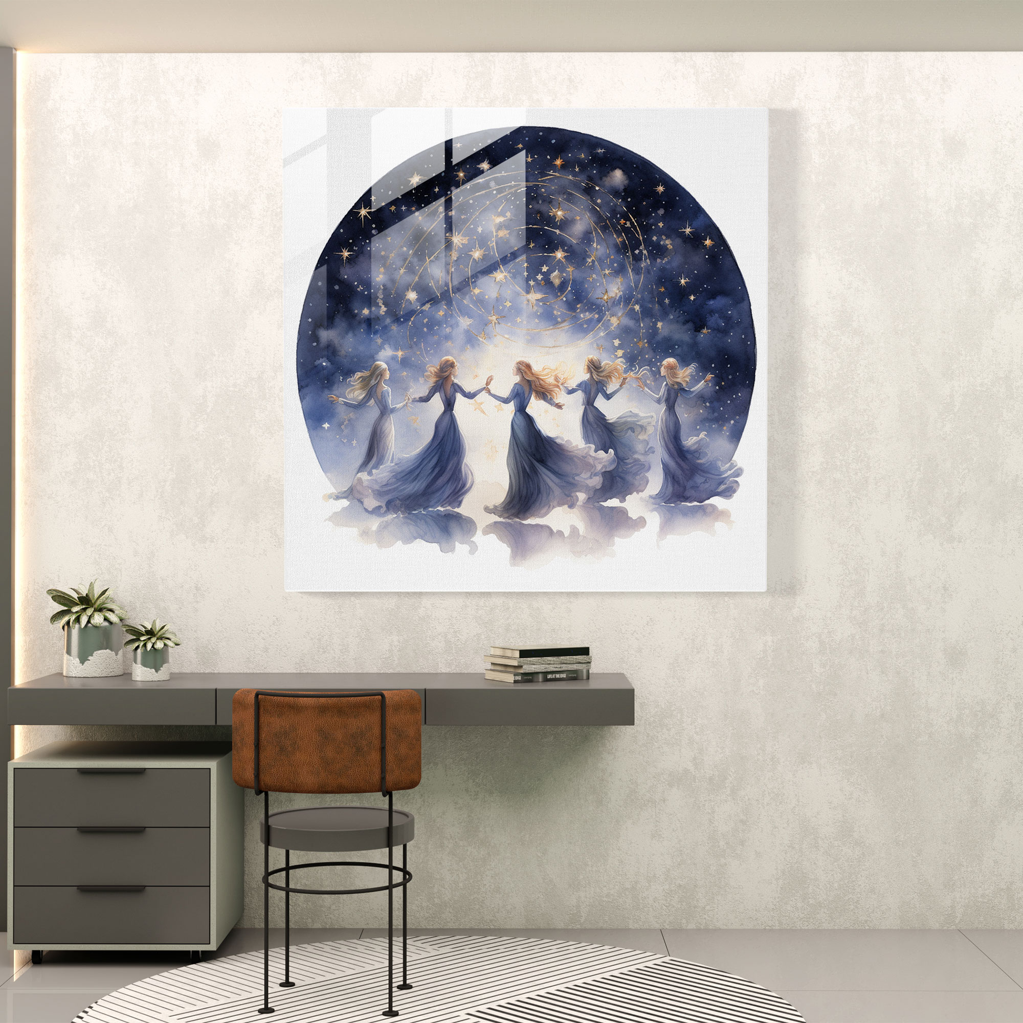 Zerbrechliche Eleganz Glasbild - Himmlischer Tanz in sternennächtlicher Atmosphäre - Hochwertige Wanddekoration