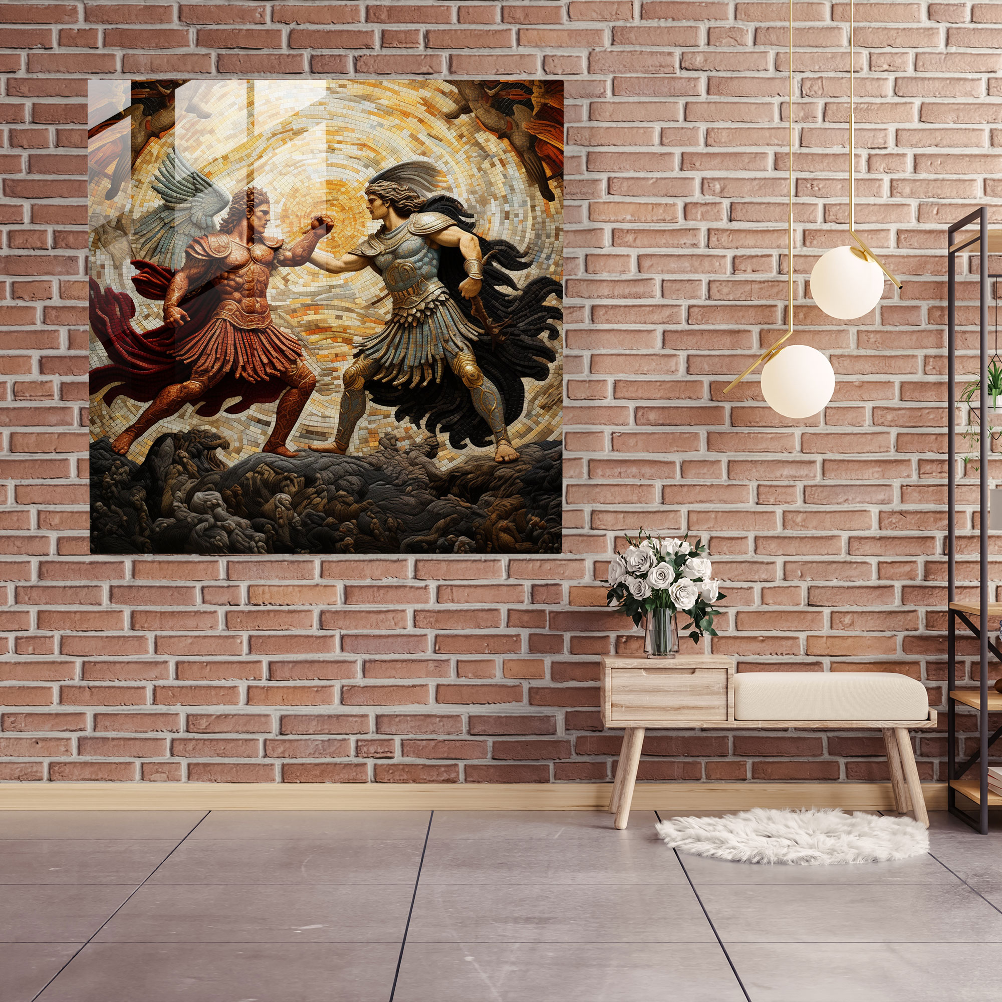 Efsanevi Mitolojik Savaşı Yansıtan Büyüleyici Mozaik Cam Tablo - Duvar Dekoru için Modern Sanat eseri