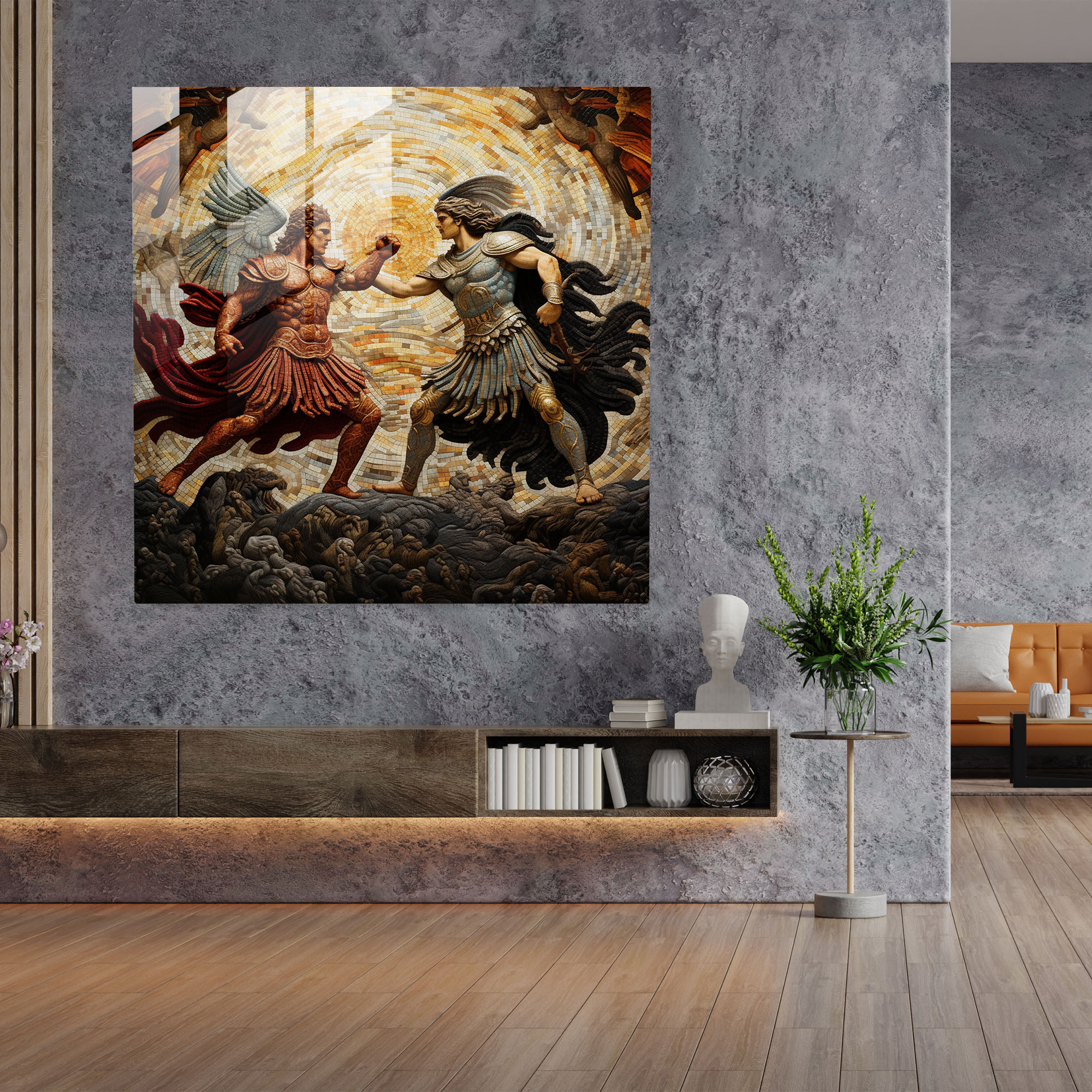 Efsanevi Mitolojik Savaşı Yansıtan Büyüleyici Mozaik Cam Tablo - Duvar Dekoru için Modern Sanat eseri