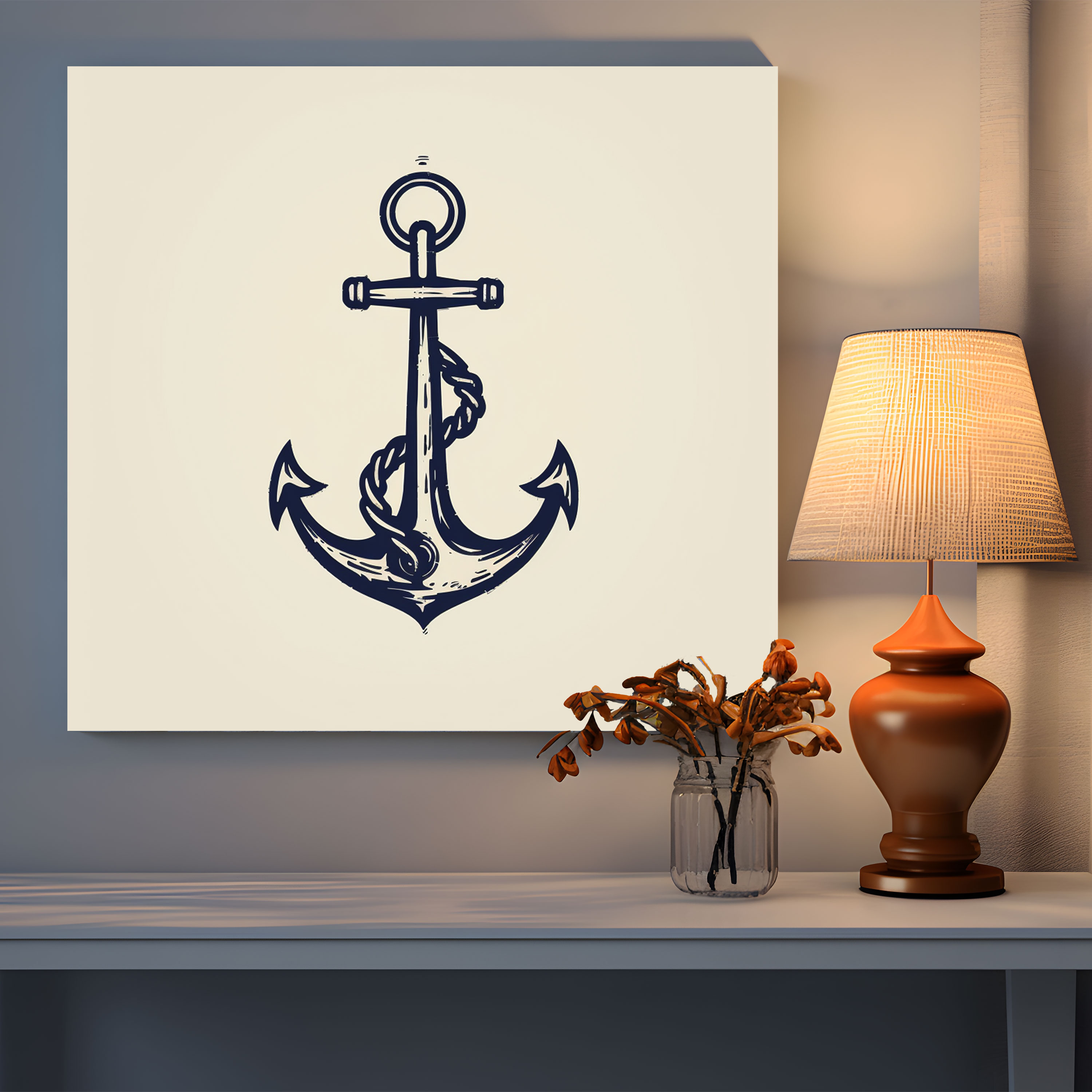 Navy Anchor Line Drawing Wall Decoration - Navy, Canvas, Canvas Print, Canvas Wall Art